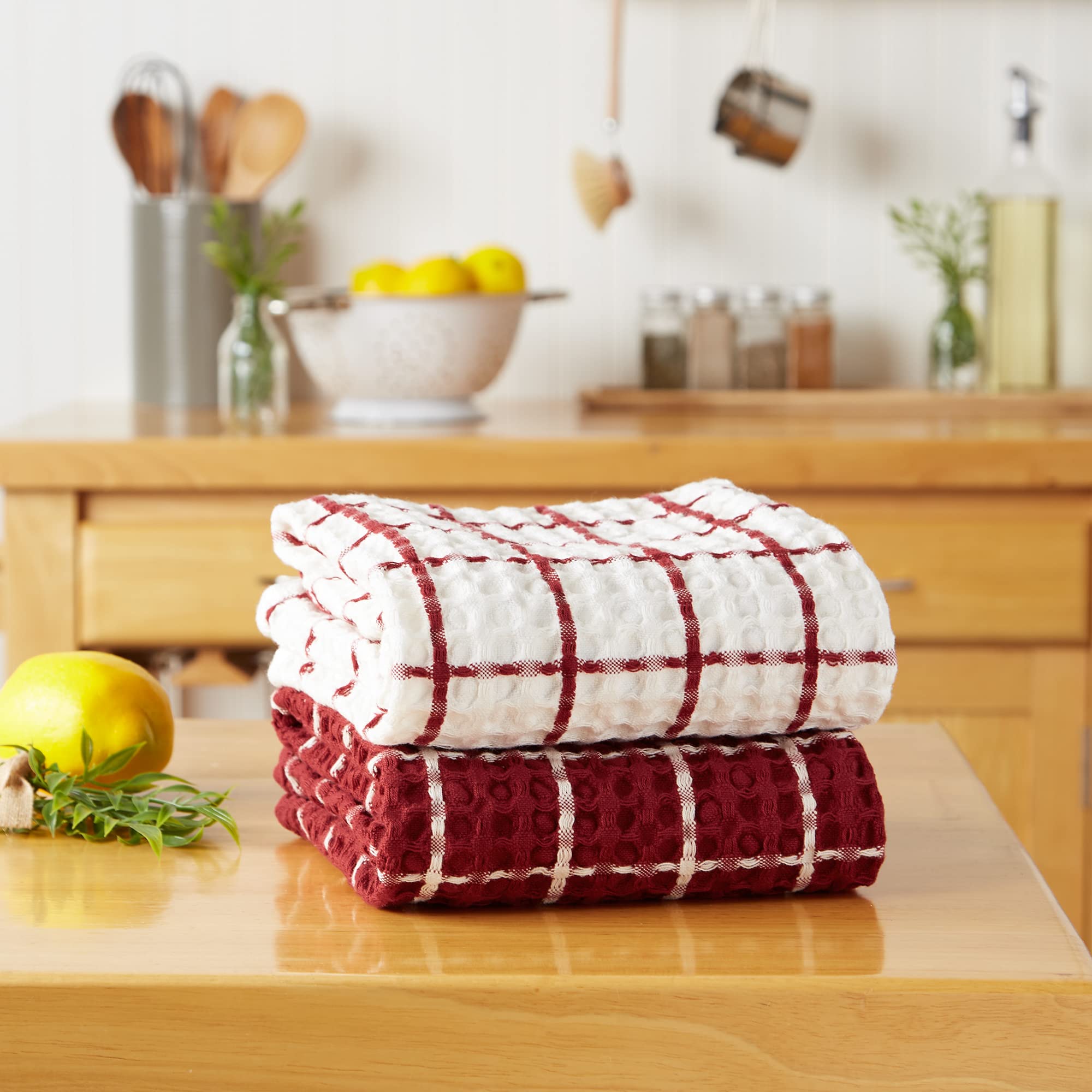 DII Washed Waffle Collection Oversized Ultra Absorbent Dish Towel Set - 2-Piece, 20x30 Inches, Barn Red - Perfect for Kitchen Cleaning, Drying Dishes & Farmhouse Decor