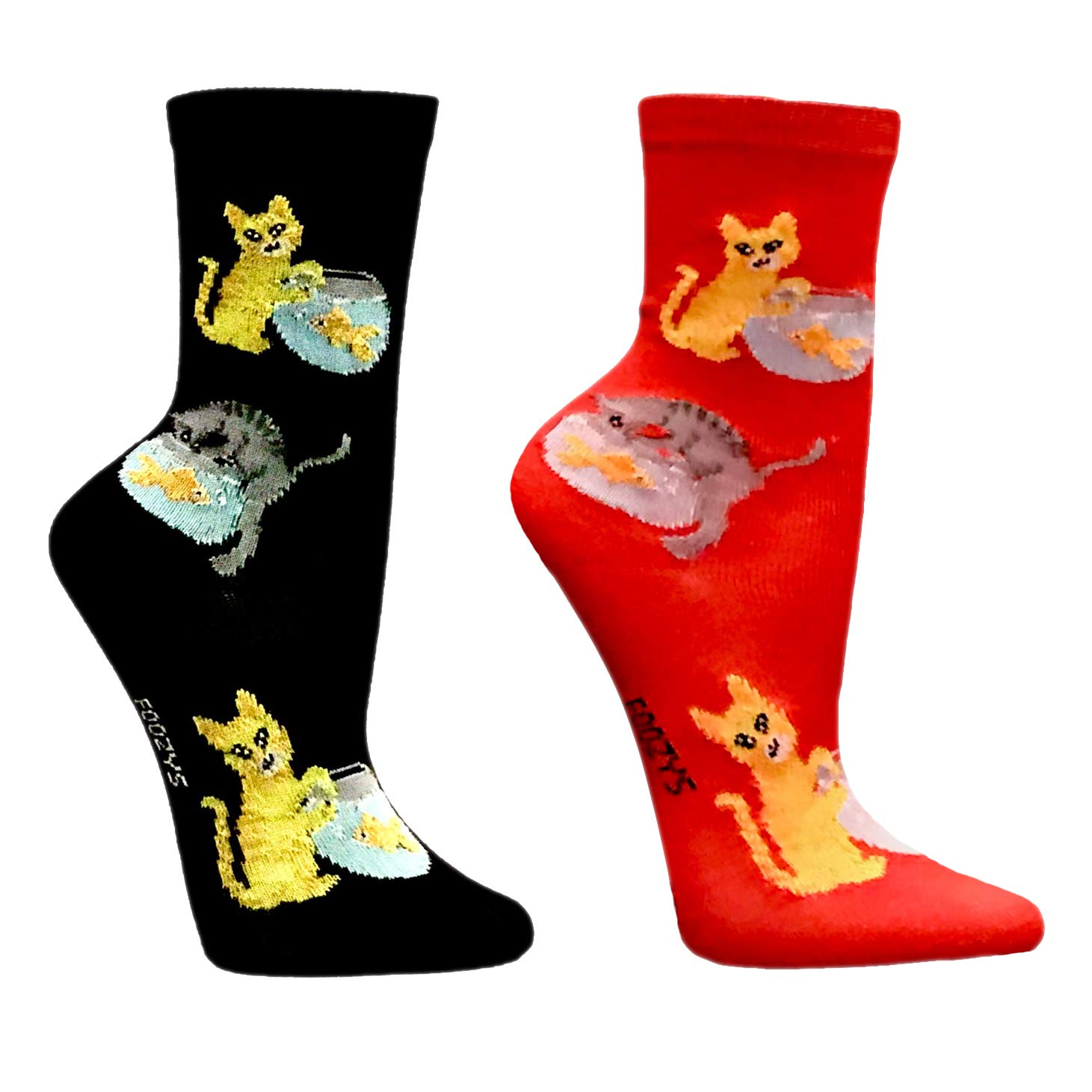 Foozys Women's Crew Socks - Fun Cat & Fish Bowl Farm Novelty Socks (2-Pair Pack) | Comfortable Cotton Blend for Everyday Wear, Gifts & Themed Outfits
