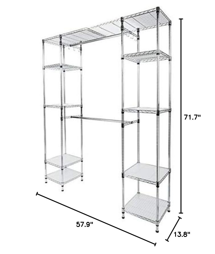 Custom Closet Organizer Shelves System Kit - Expandable Metal Clothes Storage Rack for Wardrobe & Walk-in Closet Organization - Perfect for Bedroom, Dorm, and Apartment Storage Solutions