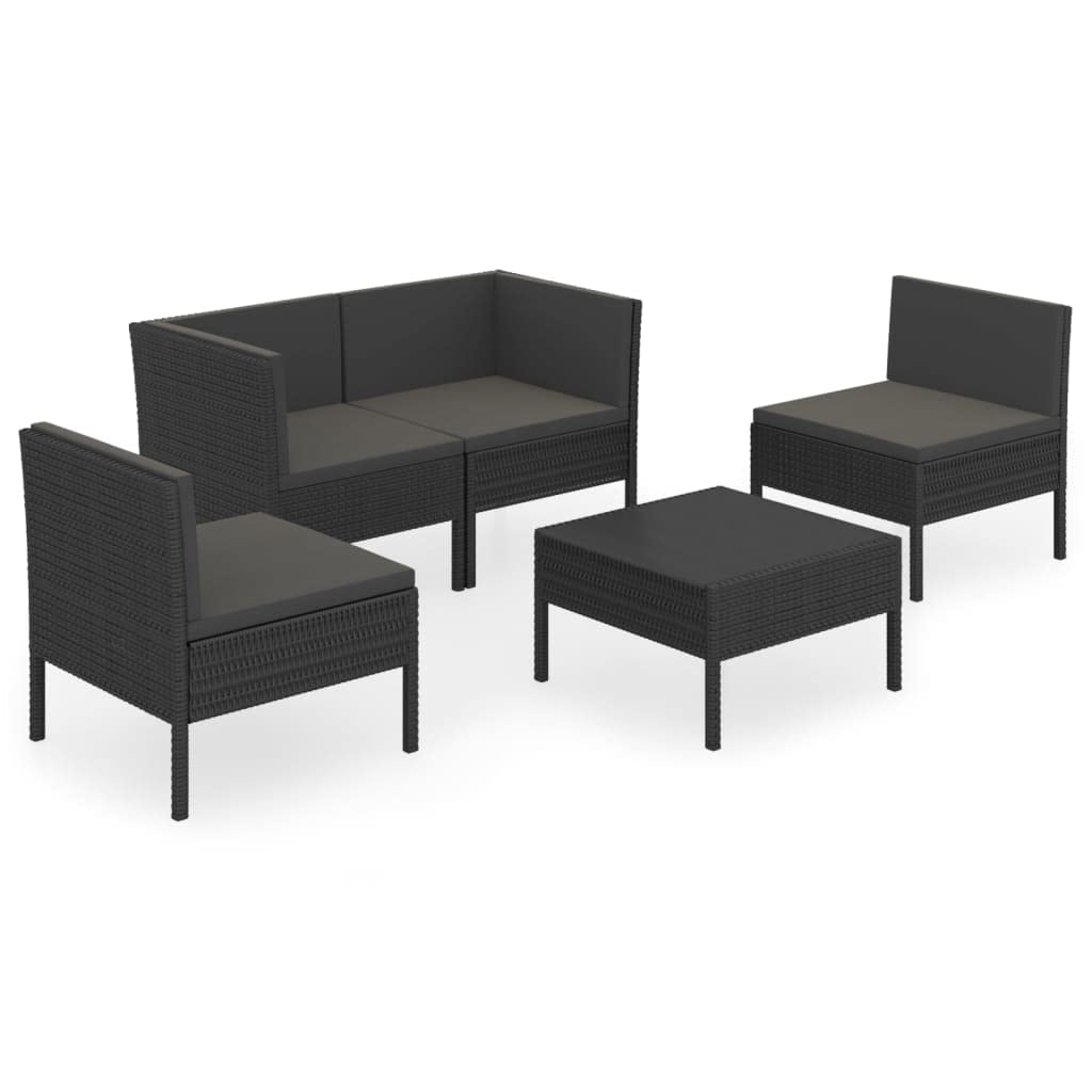 5-Piece Black Poly Rattan Patio Lounge Set with Cushions - Durable Outdoor Furniture for Garden, Deck & Poolside - Perfect for Relaxing, Entertaining & Sunbathing