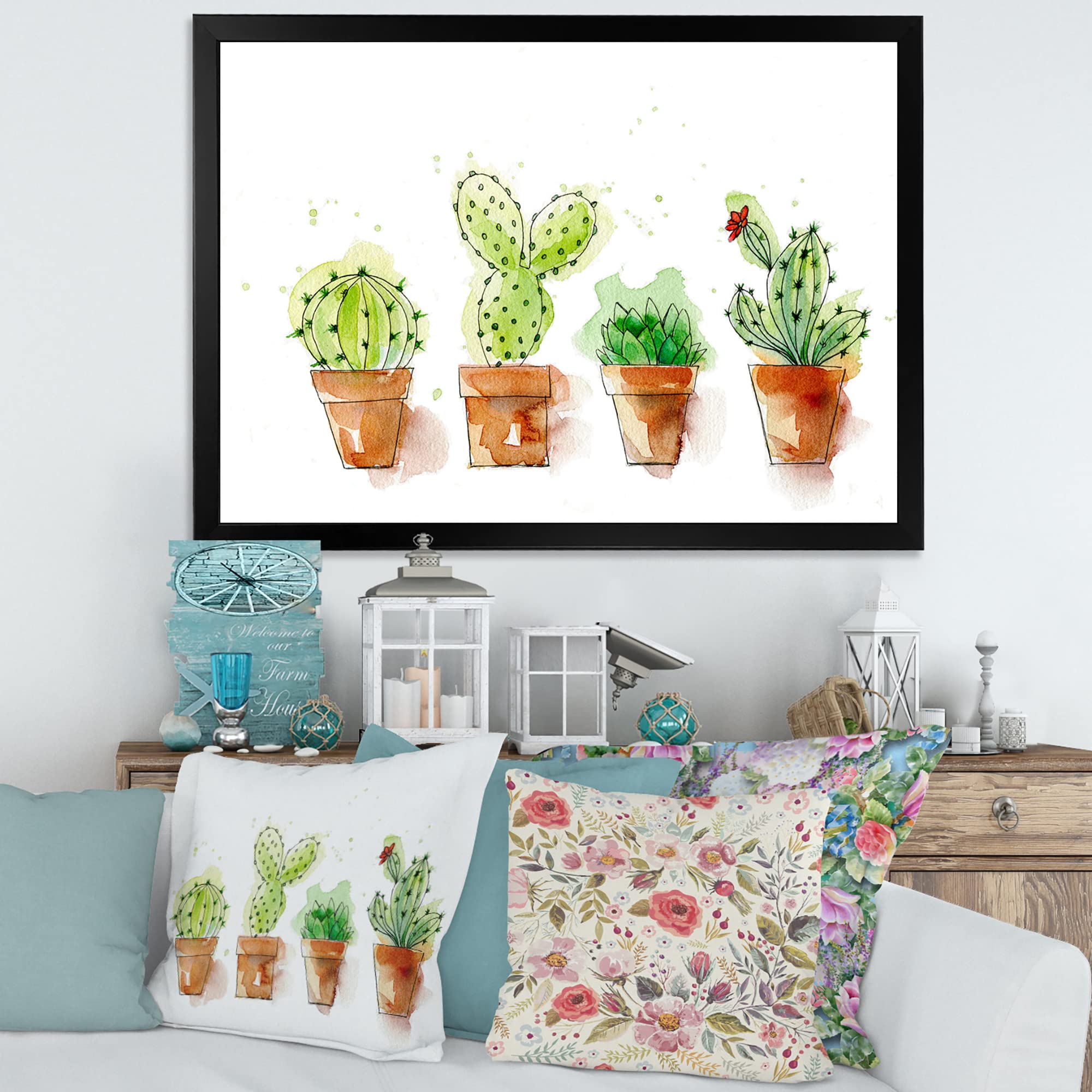 DesignQ Cacti in Ceramic Pots - Minimalist Framed Wall Art Decor for Living Room, Bedroom & Office | Gentle Neutral Tones | Traditional Home Aesthetic
