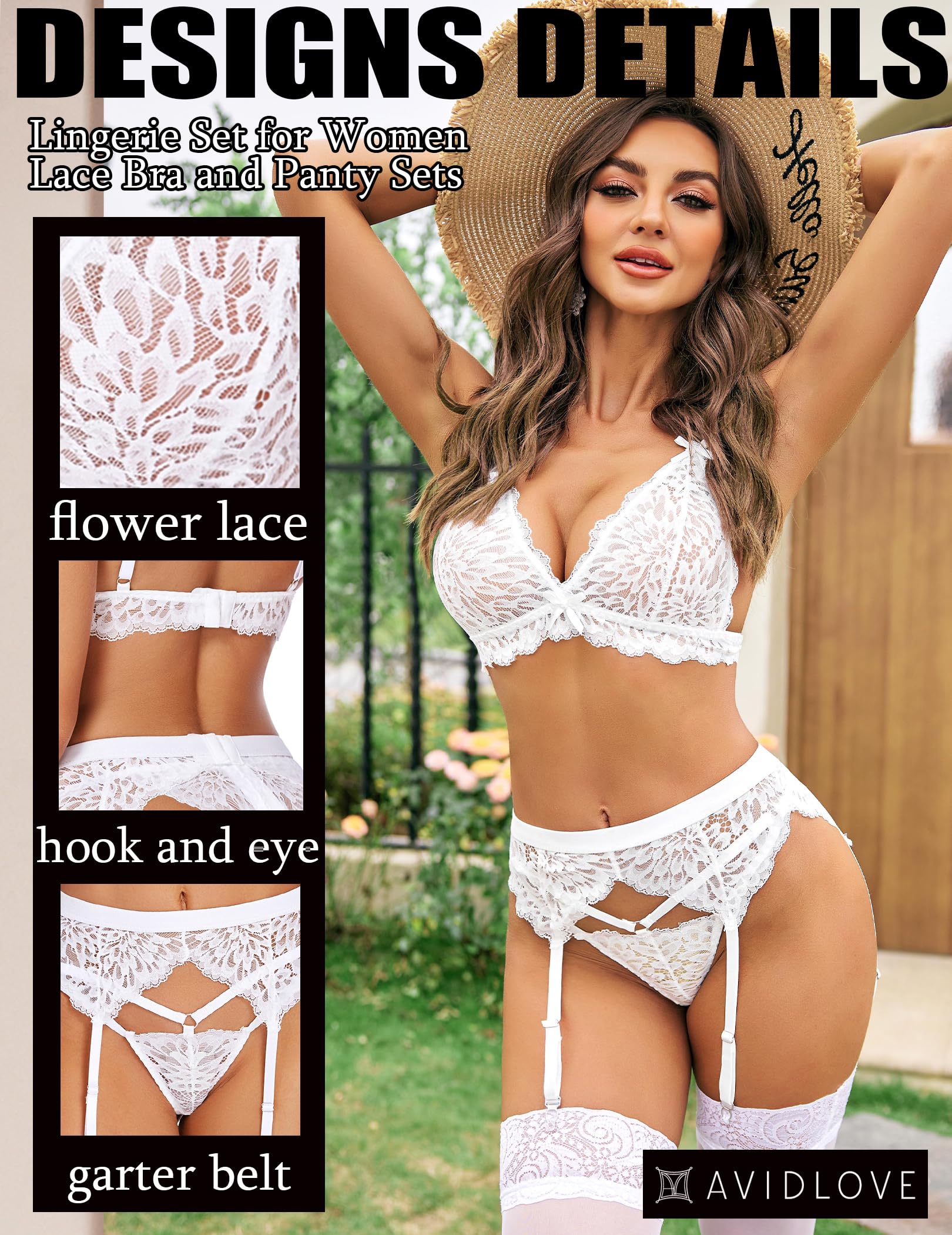 Avidlove Women's 3-Piece Lace Lingerie Set - Sexy Bralette, Panty & Garter Belt | Valentine's Day Gift, Bridal Shower, Romantic Nightwear