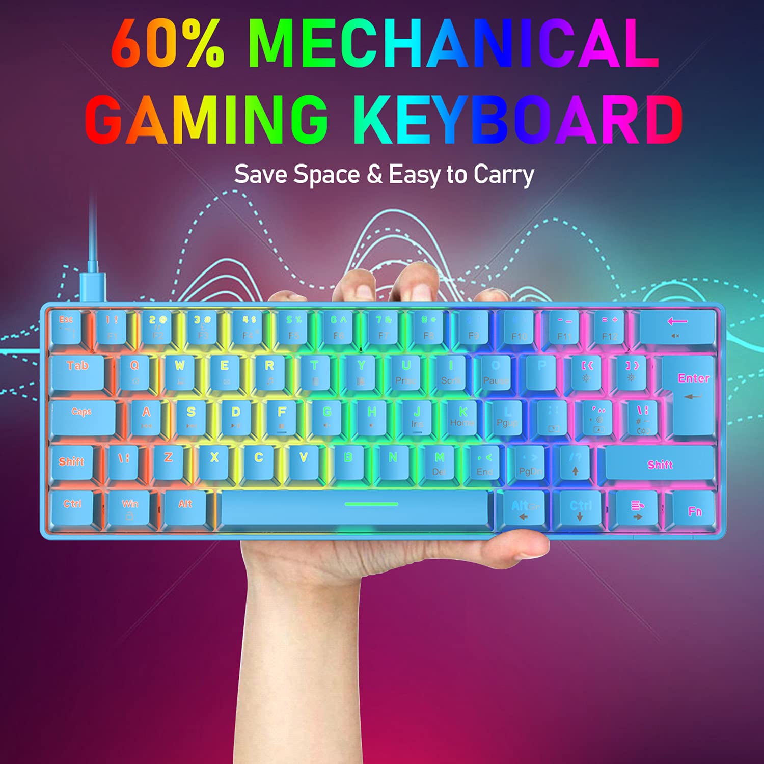 T60 UK Layout 60% Wired Mechanical Gaming Keyboard - Blue Switch, 62 Keys, RGB Backlit, Anti-Ghosting | Compact & Portable for PC, Laptop | Perfect for Gamers, Programmers & Office Typists (Blue/Red Switch Options)