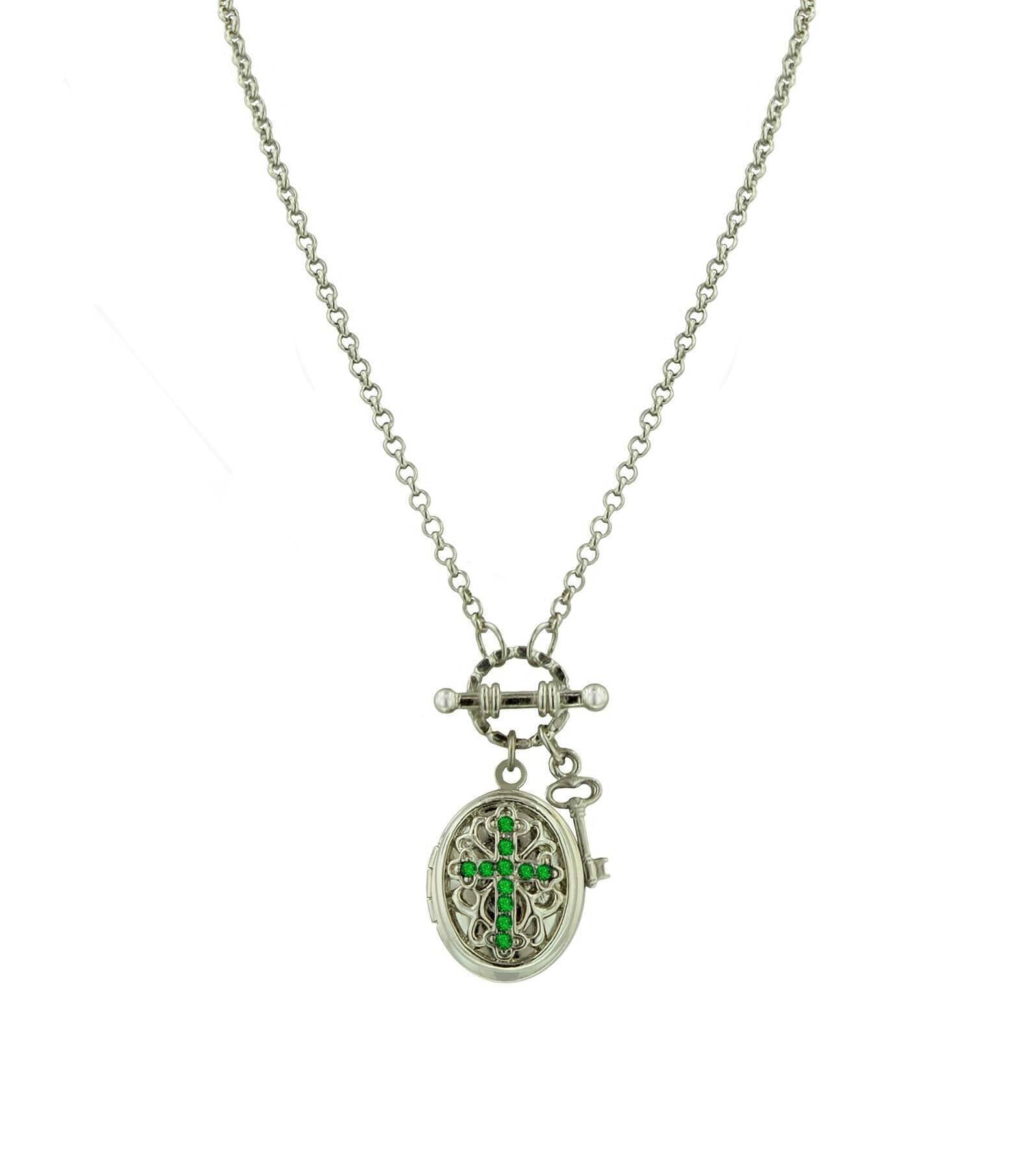 1928 Birthstone Cross Locket Necklace - Personalized Sterling Silver Pendant with 24