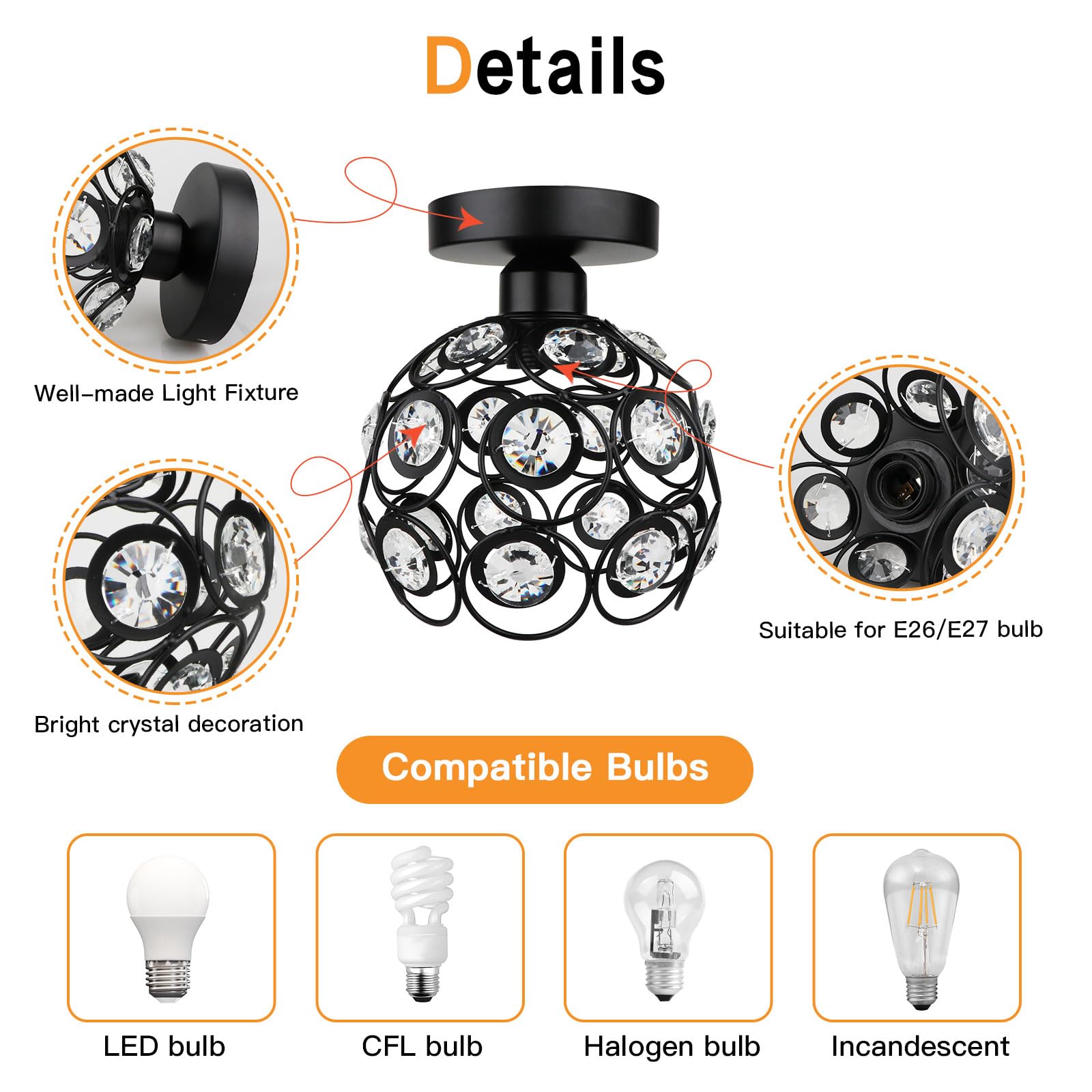 Elegant Black Mini Chandelier Light Fixture - Handmade Crystal Ceiling Lamp with Metal Frame | Semi-Flush Mount Hallway Lighting for Foyer, Entryway, Closet & Indoor Spaces | Perfect for Home Decor, Dining Room Ambiance & Bedroom Accent Lighting