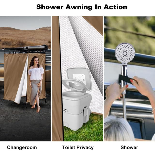 Portable Outdoor Shower Tent for Camping, RV, Van & Truck - Waterproof Privacy Shelter with Awning, Light Brown - Perfect for Road Trips, Beach & Off-Grid Adventures