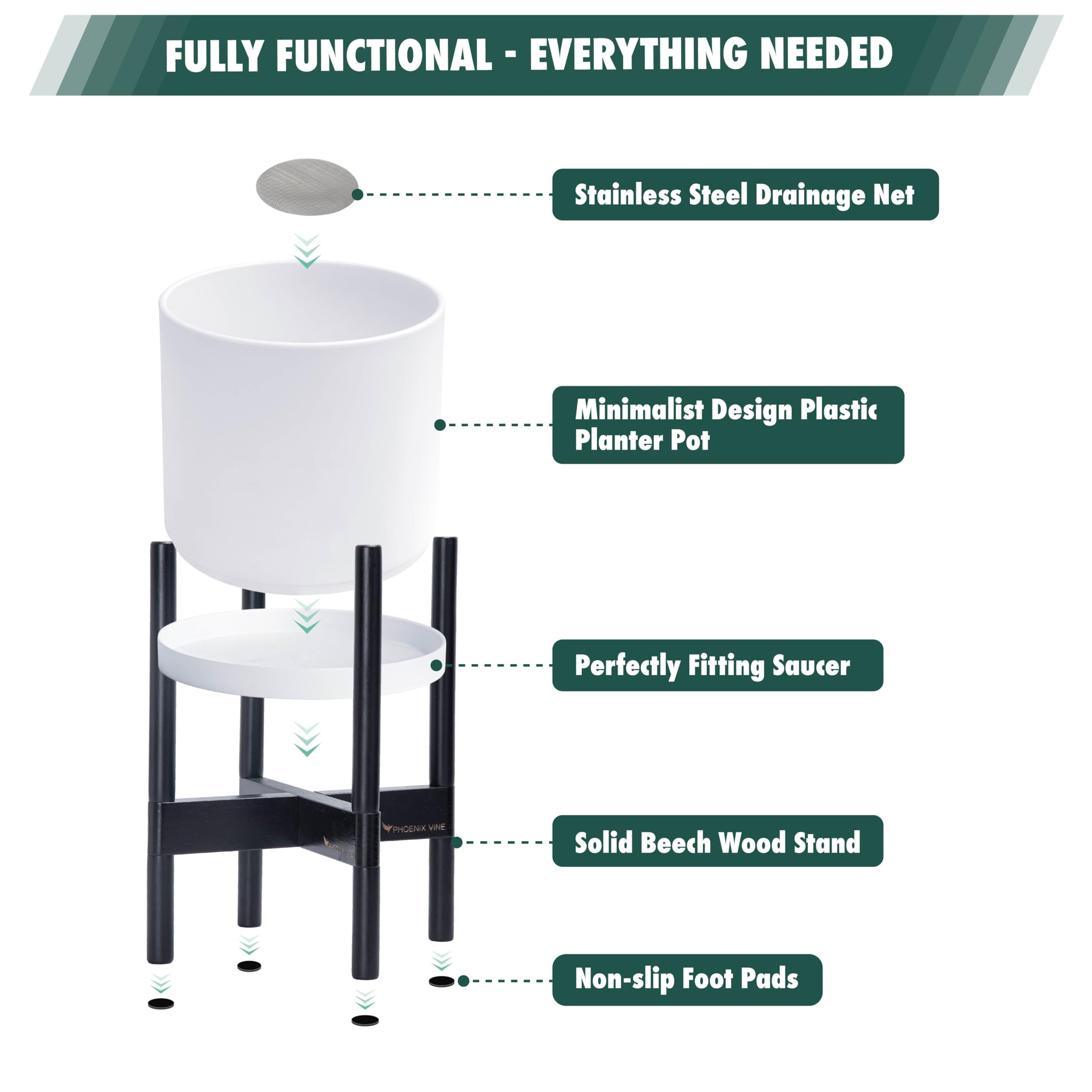 D'vine Dev 8 Inch Plastic Cylinder Flower Pot with Wood Stand - Modern Matte White Planter + Ebony Holder for Indoor Plants, Succulents, Herbs - Perfect for Home, Office, Living Room Decor