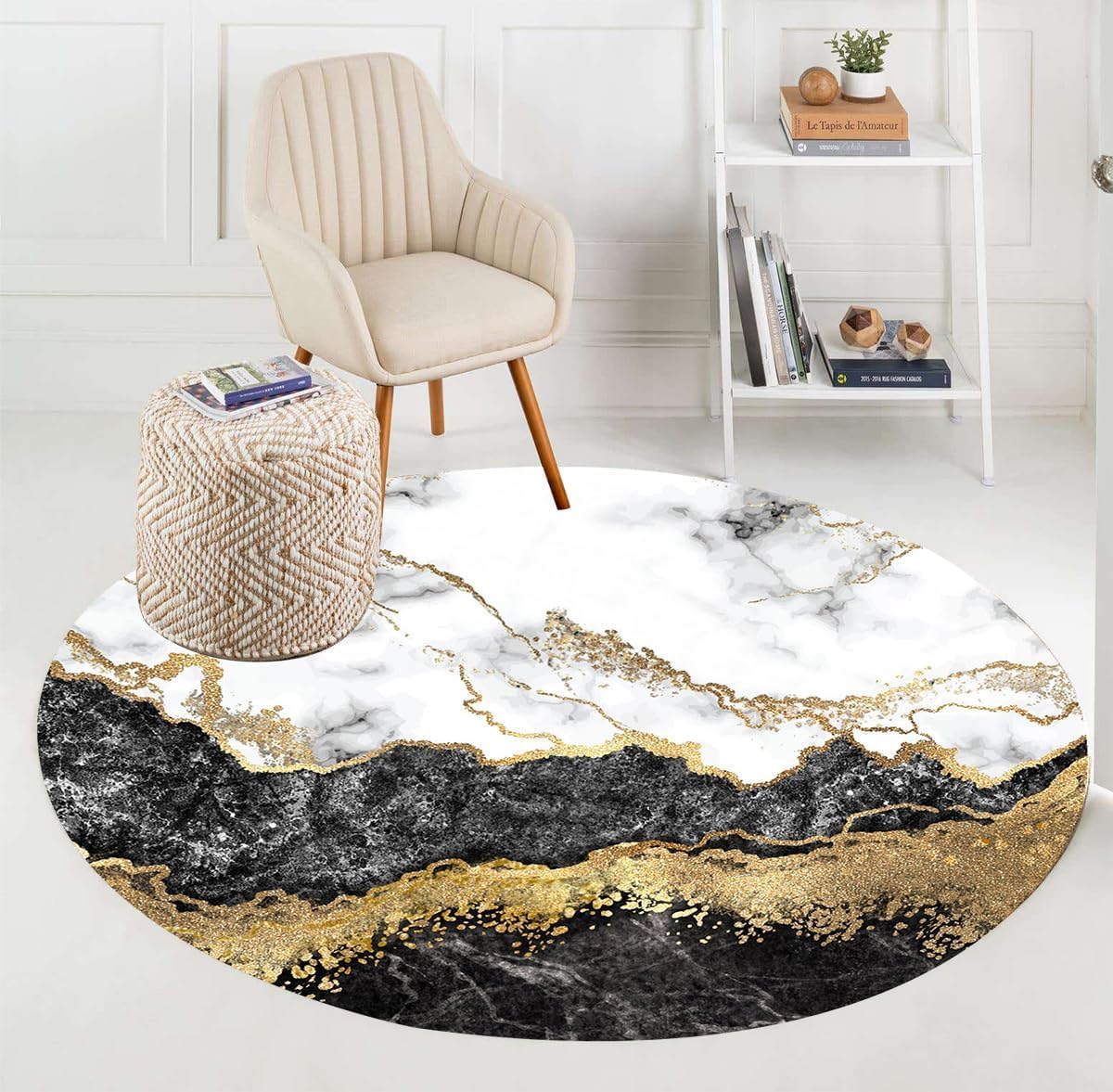 Black Gold Marble Pattern Modern Abstract Round Area Rug - 6ft Soft Washable Faux Wool Circular Carpet for Living Room, Bedroom & Dining Room | Contemporary Home Decor, Boho Chic Floor Covering for Lounge, Nursery & Office Spaces