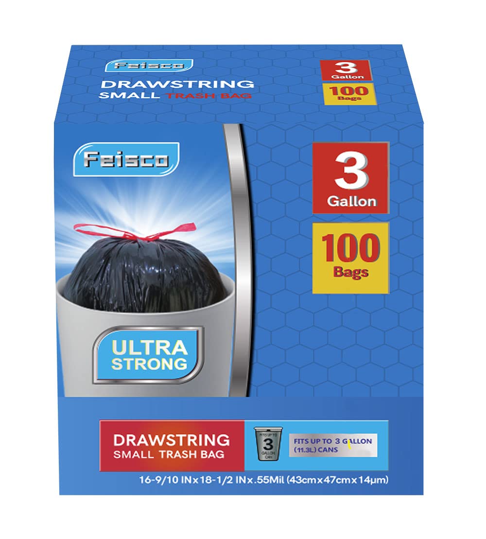 Feisco 3 Gallon Black Trash Bags - Small Drawstring Garbage Bags for Bathroom, Office & Kitchen - 100 Count (0.55 Mil Thick) - Perfect for Small Trash Cans, Diaper Pails & Wastebaskets