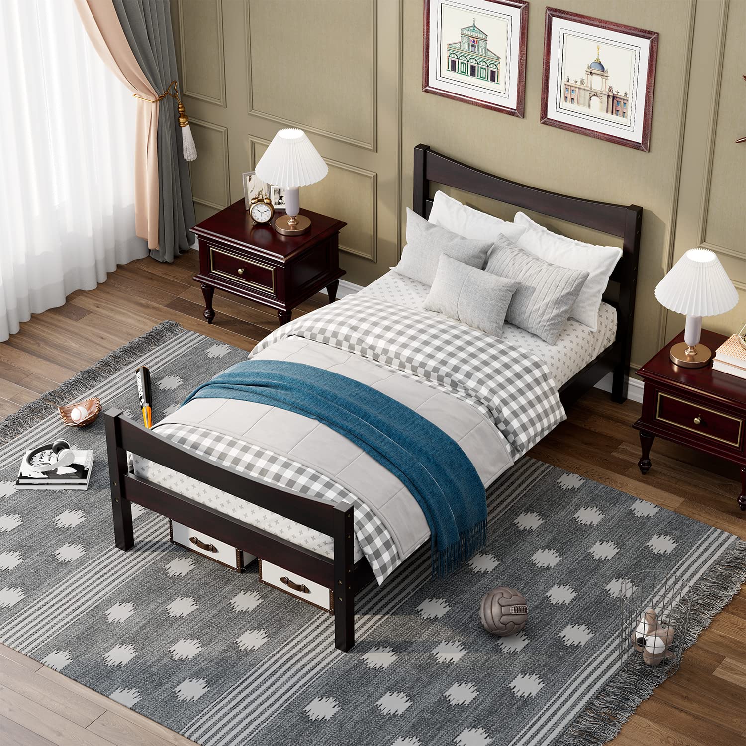 NAFOR Twin Size Wood Bed Frame with Headboard & Footboard - Solid Pine Platform Bed for Kids & Teens, No Box Spring Needed, Espresso Finish - Perfect for Bedrooms, Dorms, and Guest Rooms
