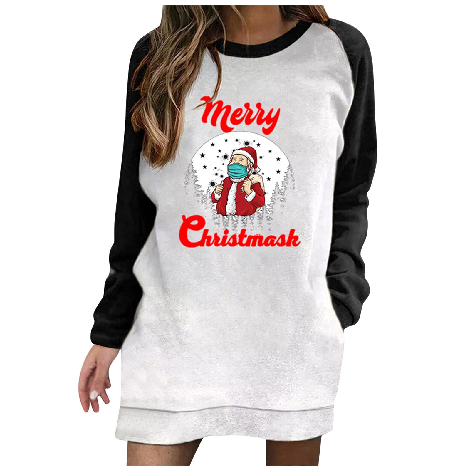 Women's Long Sleeve Santa Print Pullover Sweatshirt - Contrast Color Loose Fit with Deep Scoop Neck & Pocket (Black, XXL) | Christmas Party Outfit, Casual Winter Wear, Holiday Gift for Her