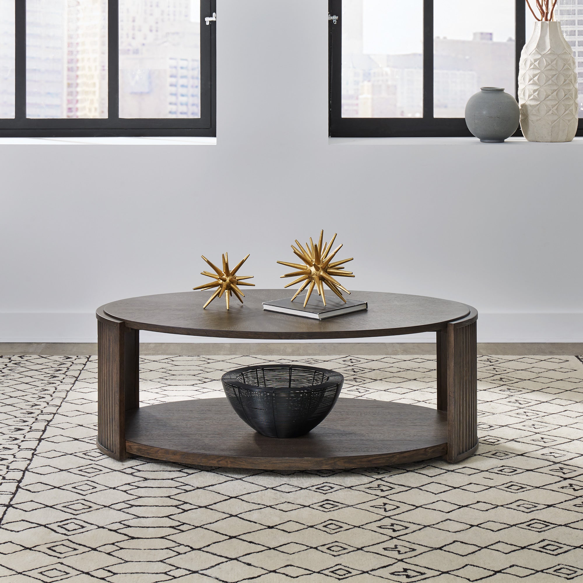 Modern Oval Coffee Table with City View Design - Perfect for Living Room, Lounge & Office Decor