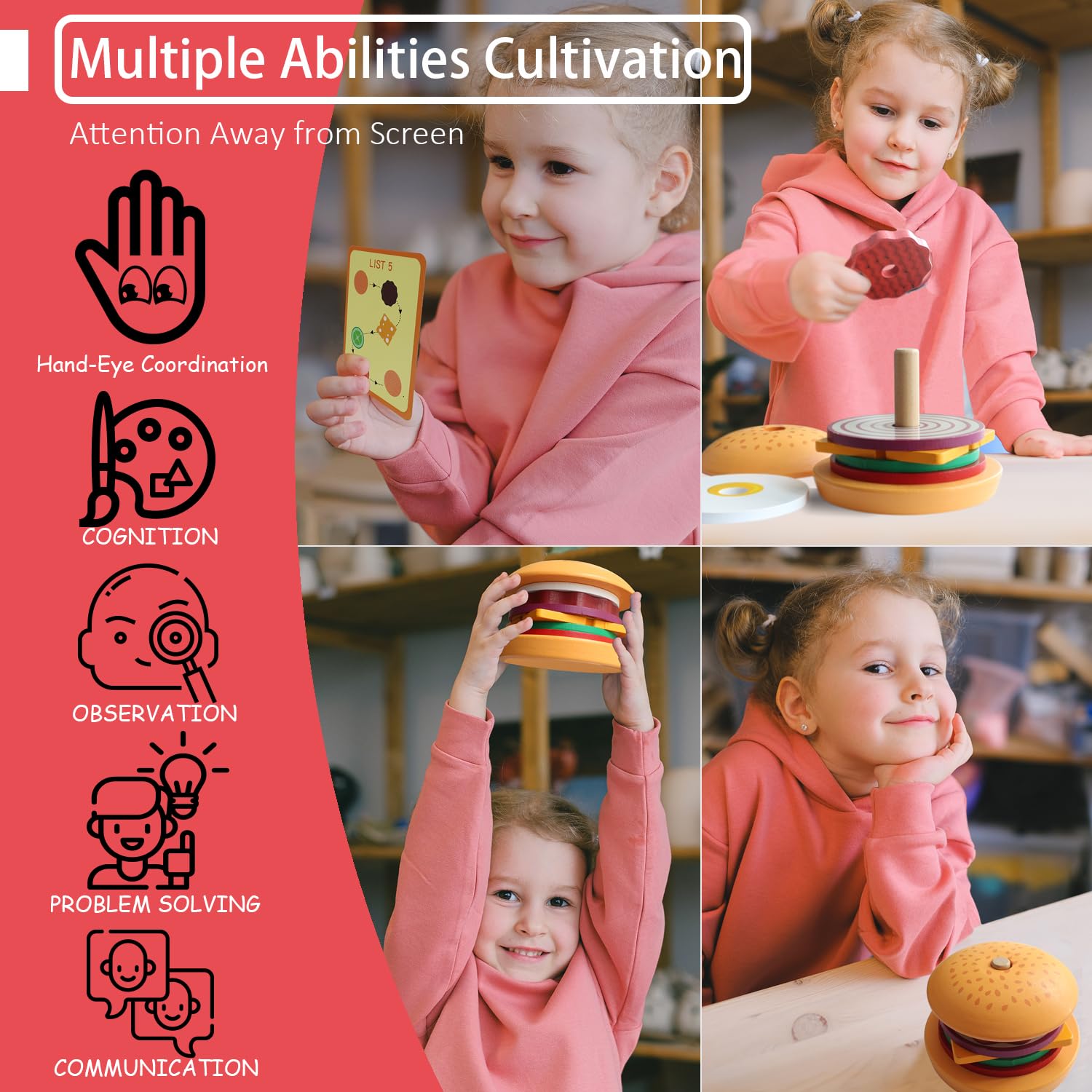 Montessori Wooden Stacking Blocks & Pretend Play Food Set - Educational Toddler Toys for 3 4 5 Year Old Boys & Girls | Preschool Learning Games, Classroom Activities & Kids Birthday Gifts (30-Piece Set) - Perfect for Early Childhood Development, Sensory Play & Imaginative Role-Playing Scenarios