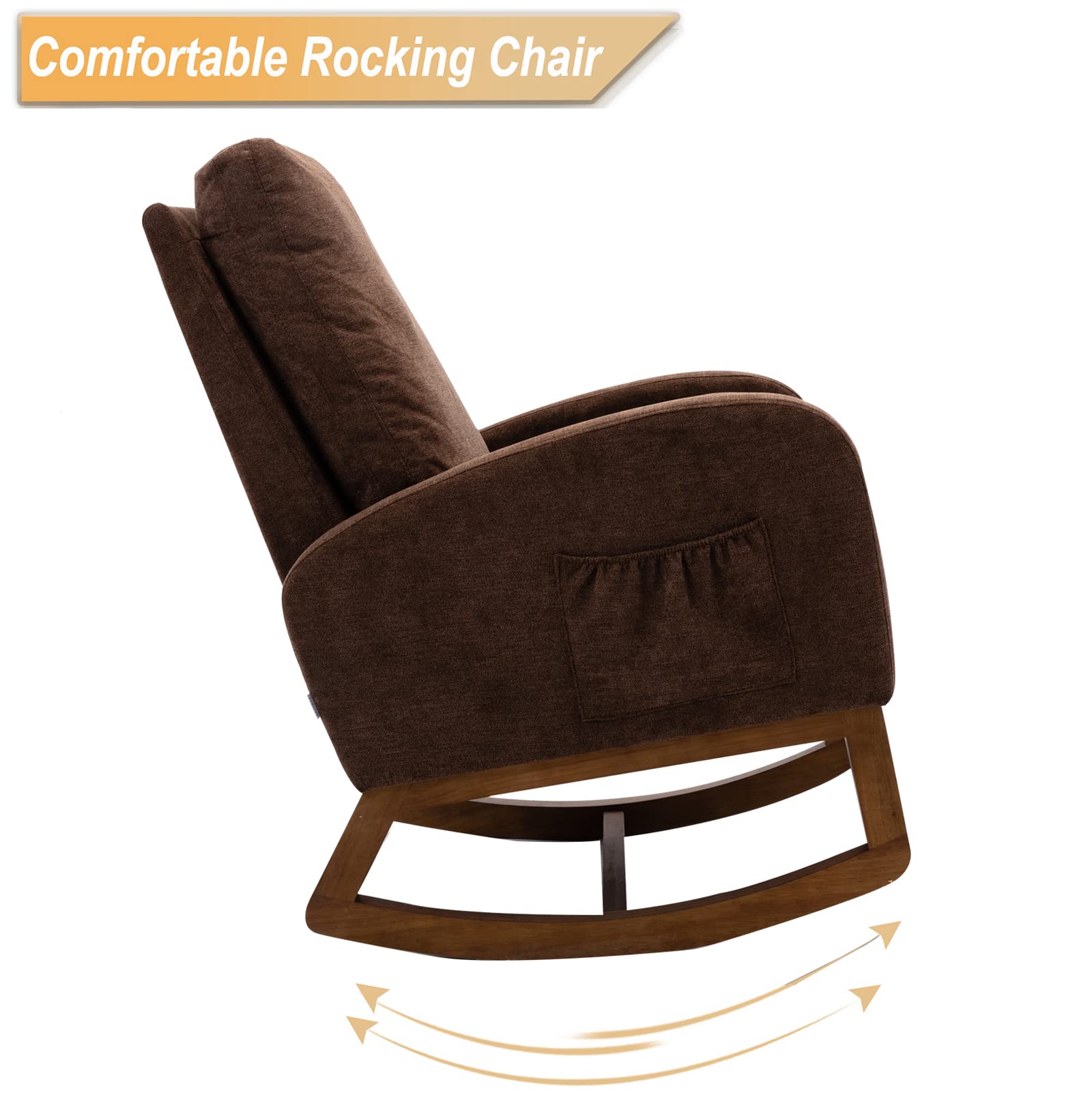 SSLine Upholstered Rocking Chair - Modern Fabric Rocking Armchair for Nursery, Living Room, Bedroom & Office | Comfortable Lounge Chair for Relaxing, Reading & Nursing (Coffee Brown)