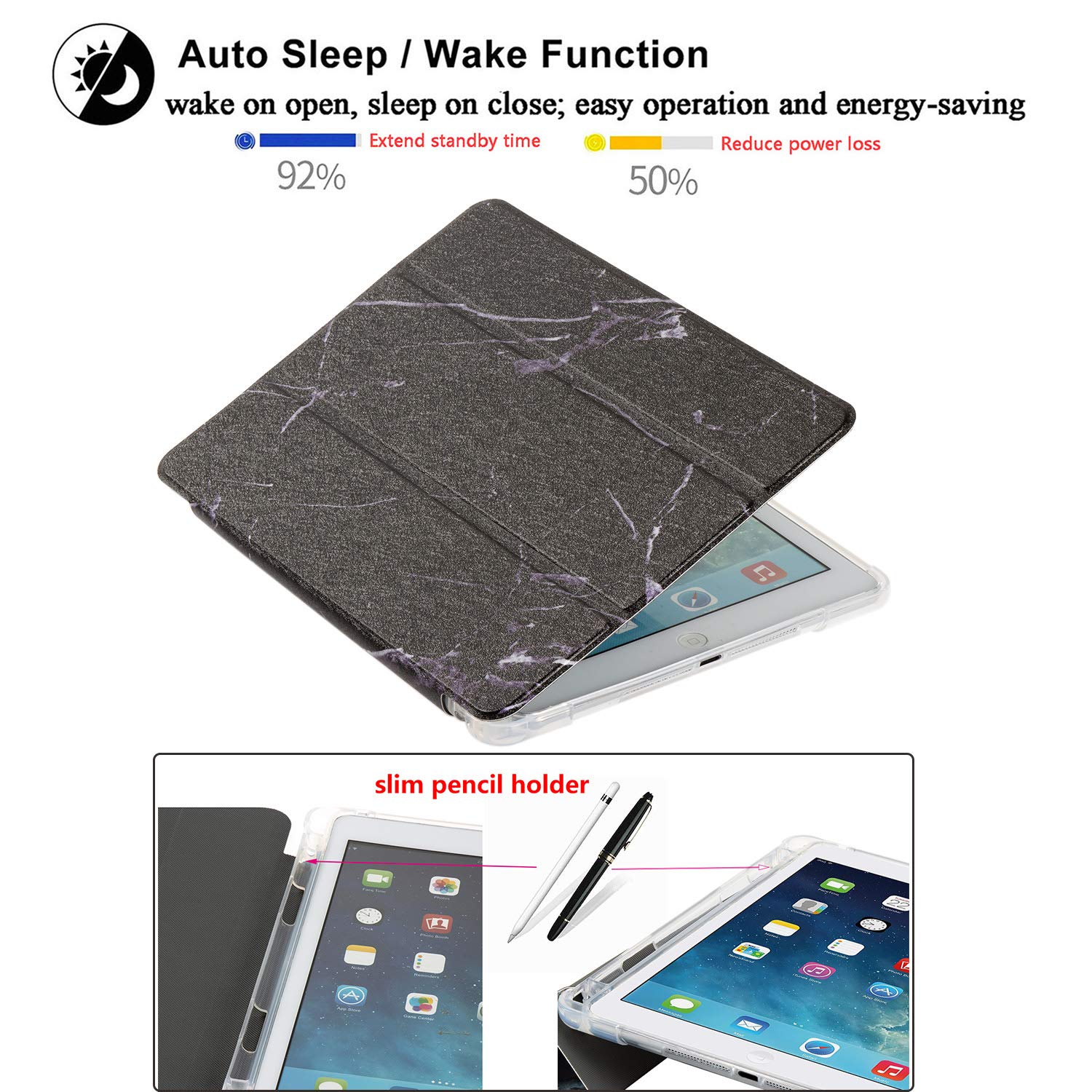 Premium PU Leather Trifold Smart Case for iPad 9.7 (2017/2018), iPad Air 1/Air 2 (9.7 Inch) - Clear TPU Back Cover with Apple Pencil Holder & Auto Wake/Sleep Function - Compatible with iPad 6th/5th Generation - Black Marble Design - Perfect for Work, Travel and Everyday Use