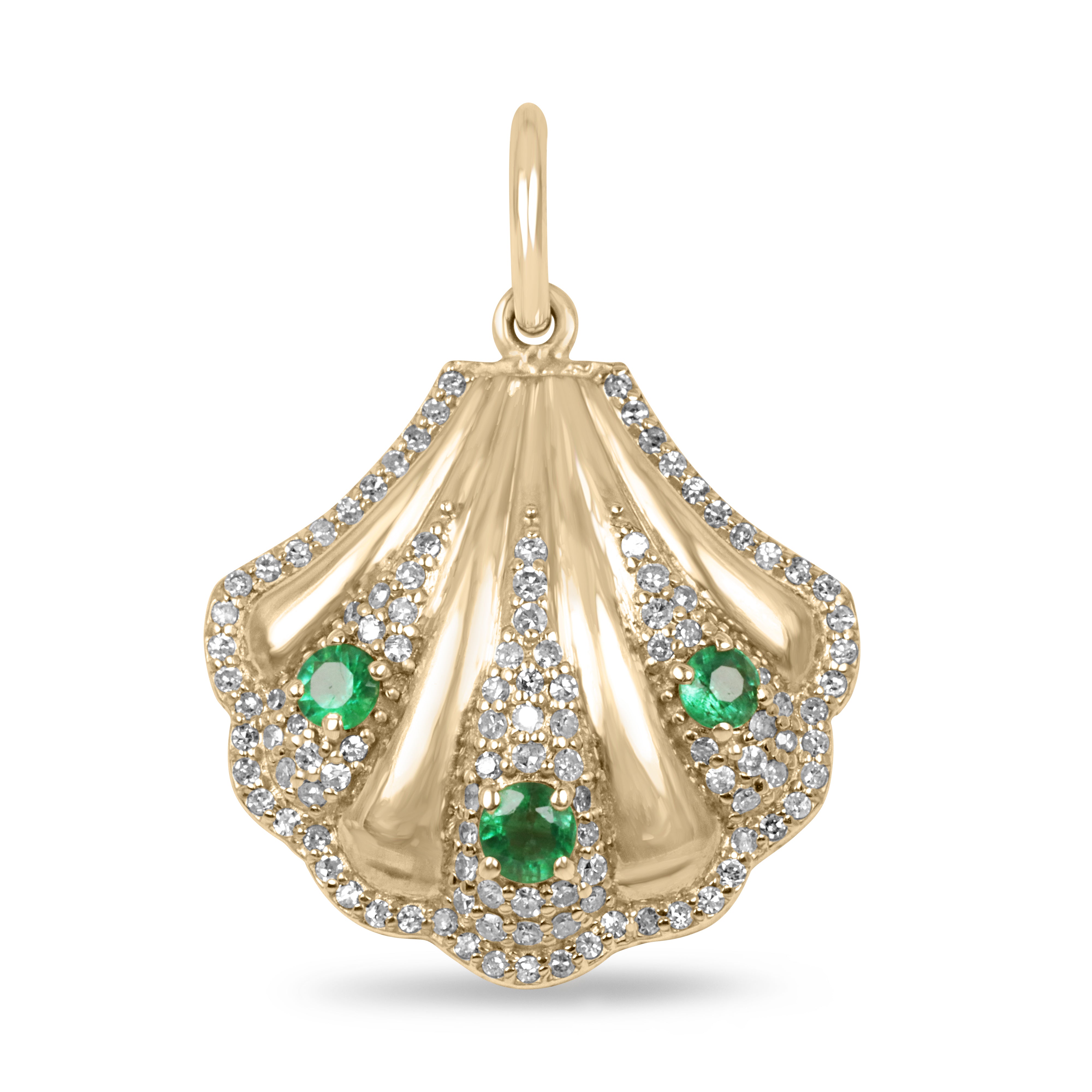 0.63tcw 14K Gold Diamond & Emerald Seashell Pendant Necklace - Elegant Beach Jewelry for Women, Perfect for Summer Vacations & Ocean-Themed Gifts