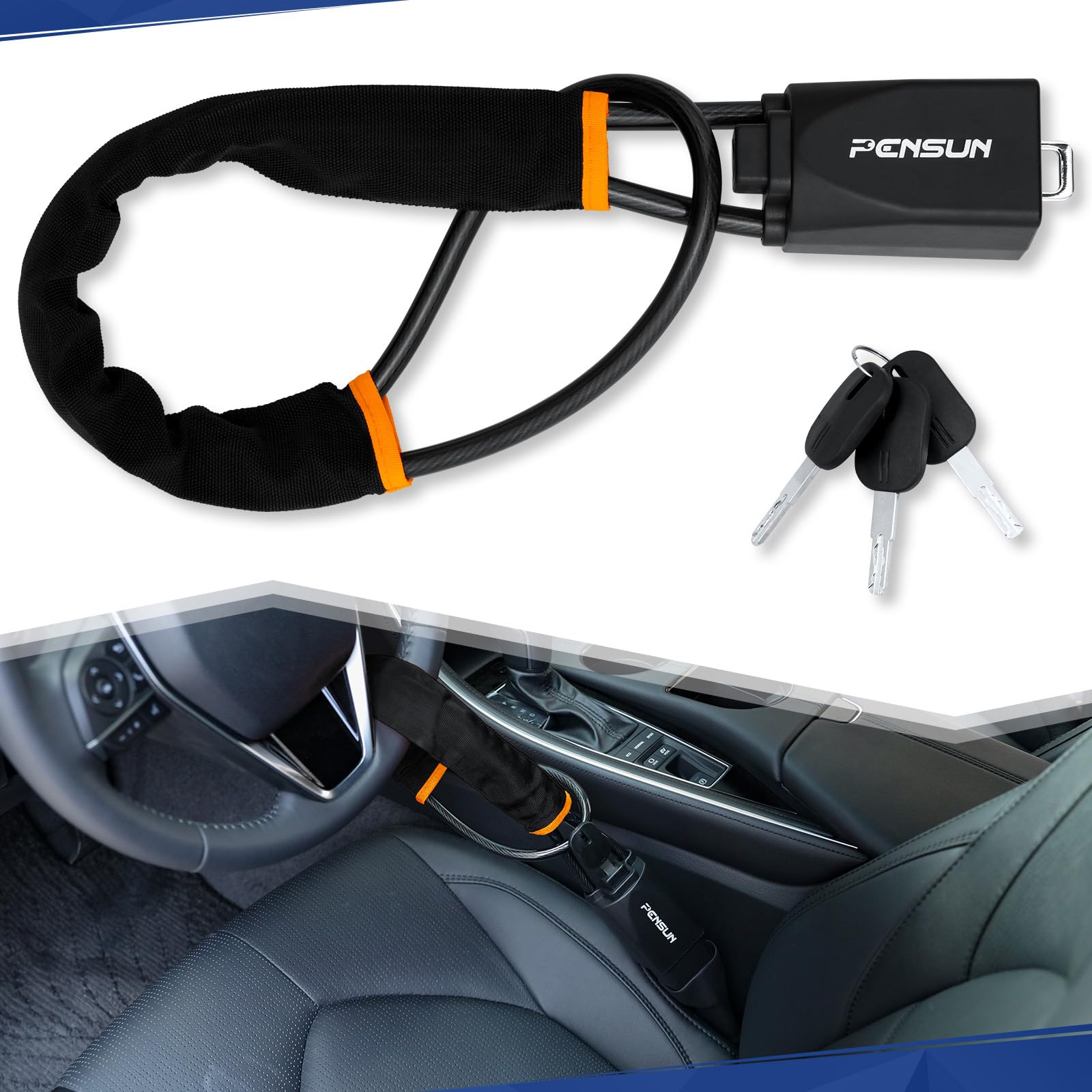 PENSUN Universal Steering Wheel Lock - Anti-Theft Car Security Device with 3 Keys for Most Vehicles (Truck, SUV, Van, Golf Car) | Black | Perfect for Parking Security & Theft Prevention