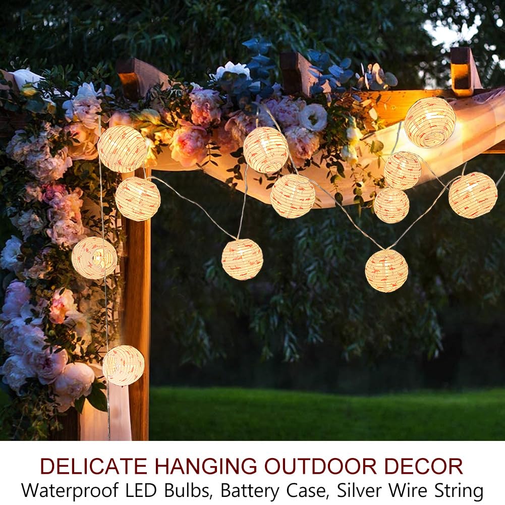 Bright Zeal 20ft Round Outdoor LED Christmas Lantern String Lights - Battery Powered Waterproof Fairy Lights for Garden, Patio, Yard - 2 Pack 10ft Flamingo Decorative Lanterns for Wedding, Party, Bedroom, Porch Decor