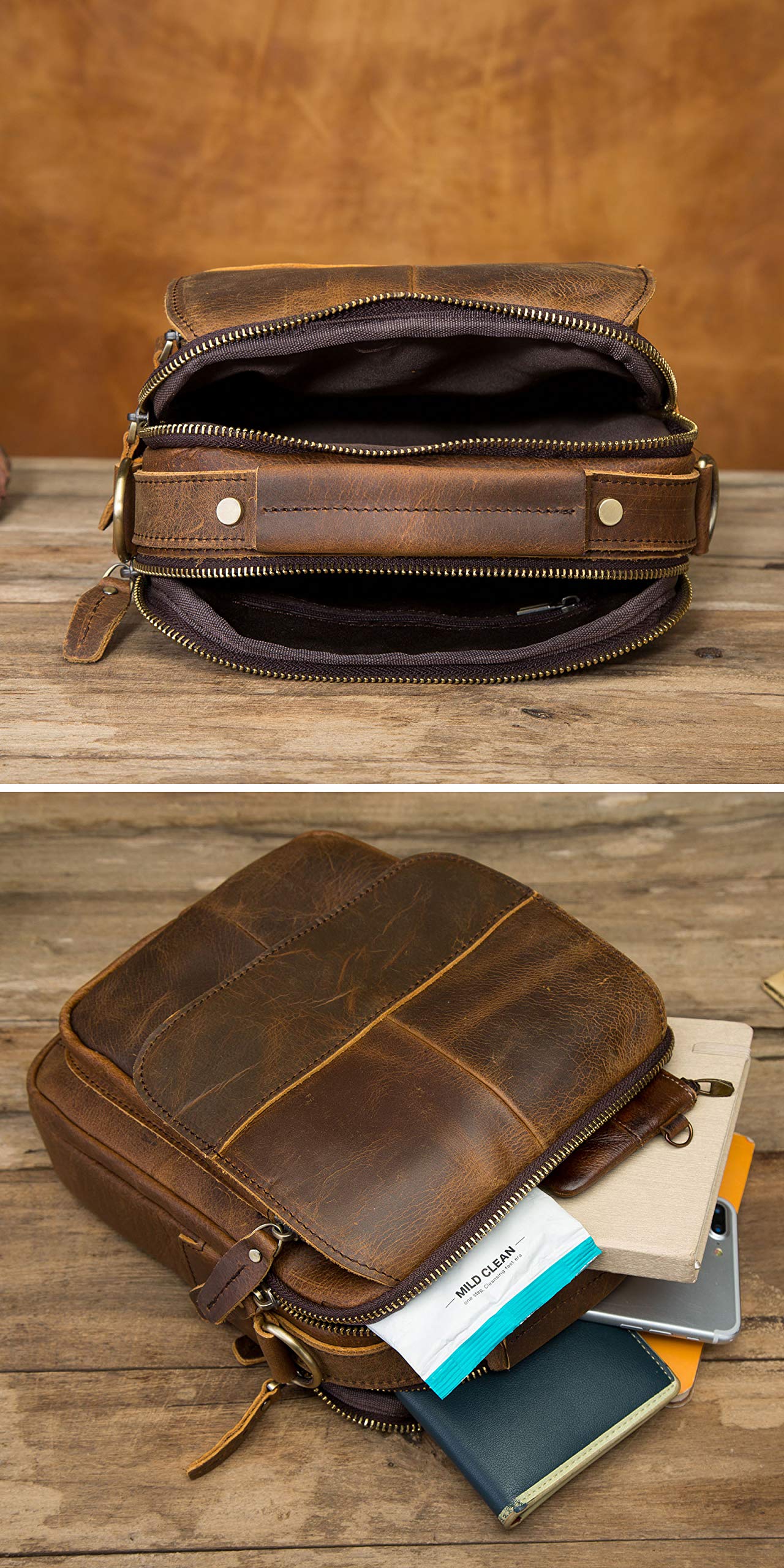 **Men's Genuine Crazy Horse Leather Crossbody Messenger Bag - Durable Shoulder Satchel for 8