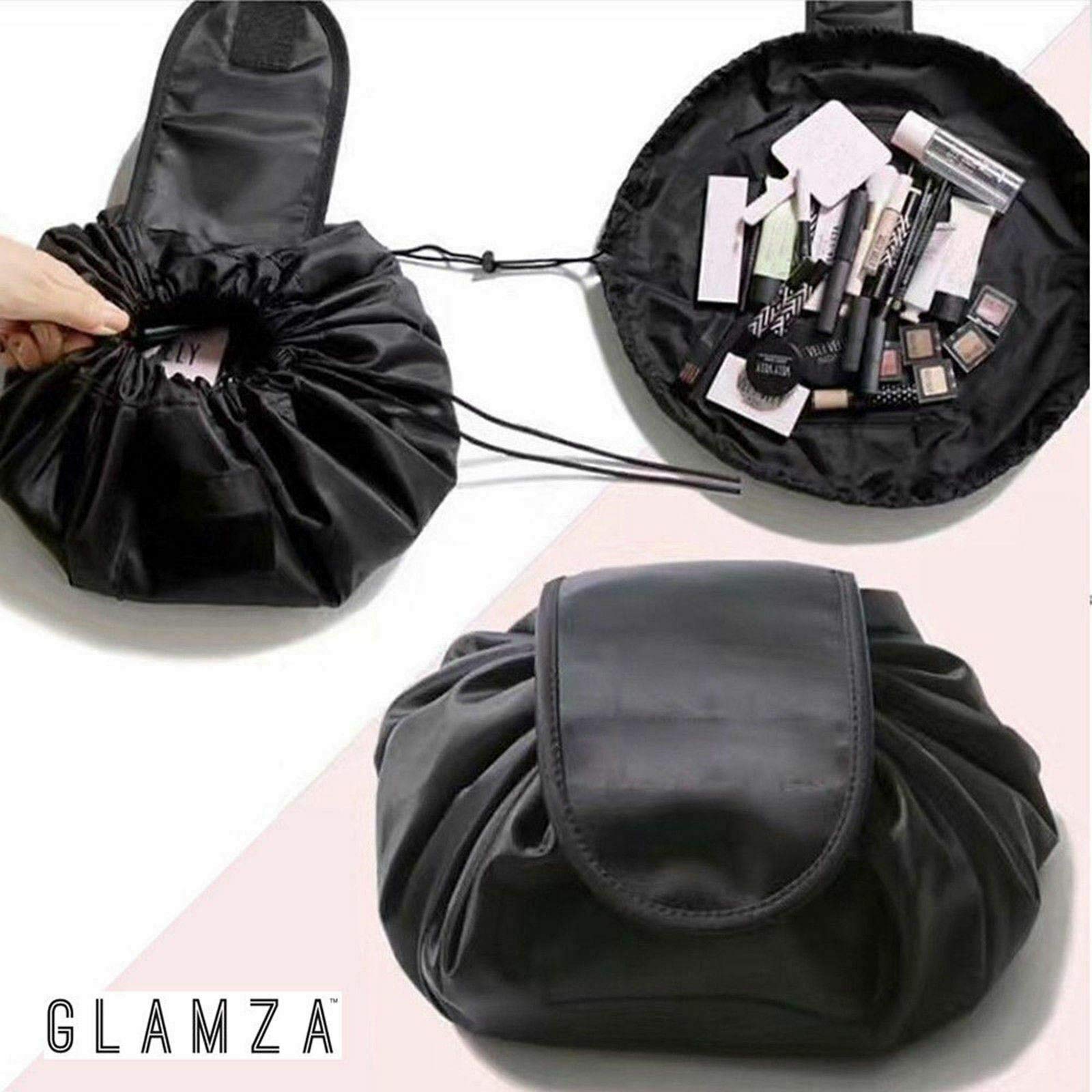 GLAMZA Drawstring Makeup Bag - Convertible Flat to Structured Travel Cosmetic Pouch with LED Mirror | Black Makeup Organizer for Women & Girls | Perfect for Travel, Gym & Daily Beauty Storage