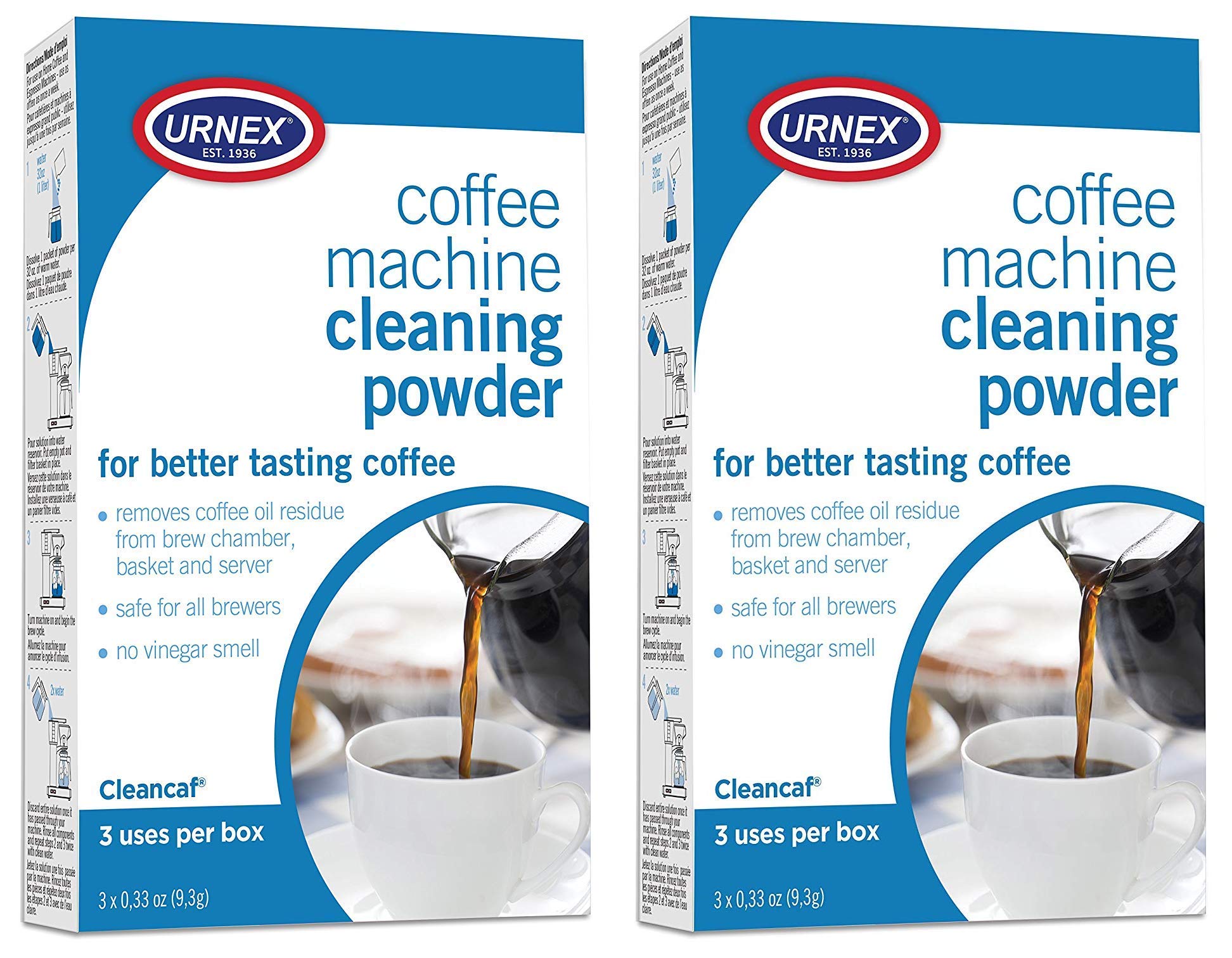 Urnex Cleancaf Coffee Maker & Espresso Machine Cleaner Powder - 2 Pack (6 Packets) | Safe for Delonghi, Ninja, Hamilton Beach, Mr. Coffee, Braun | Deep Clean & Descaling for Home & Office Use