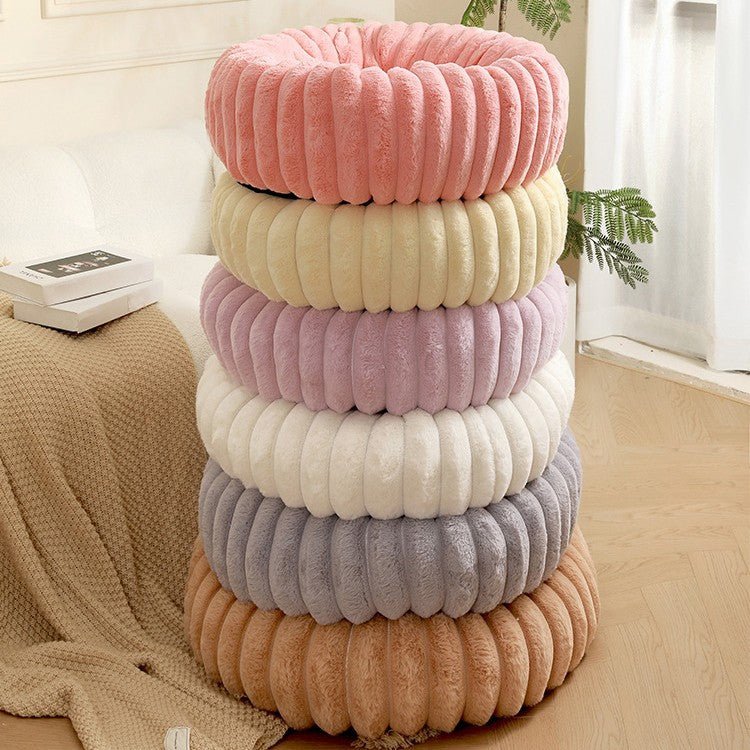 Soft Plush Ribbed Round Dog & Cat Bed - Cream Color, Cozy Pet Cushion for Small to Medium Pets - Perfect for Bedroom, Living Room or Pet Nursery