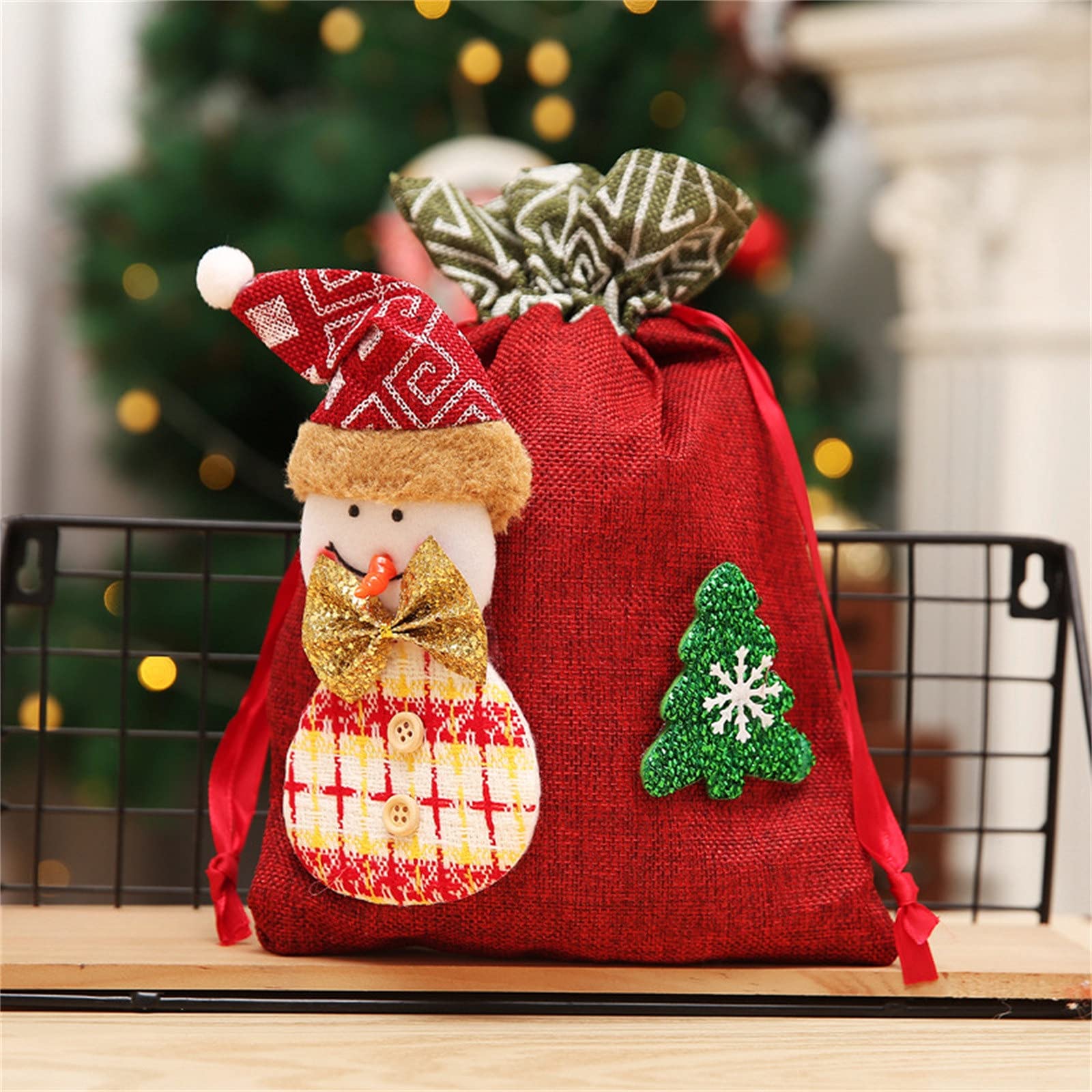 Printed Linen Drawstring Gift Bags - Christmas Party Favor Bags for Candy, Stocking Stuffers & Holiday Gifts (Red) - Perfect for Christmas Parties, Weddings, Baby Showers & Birthday Celebrations