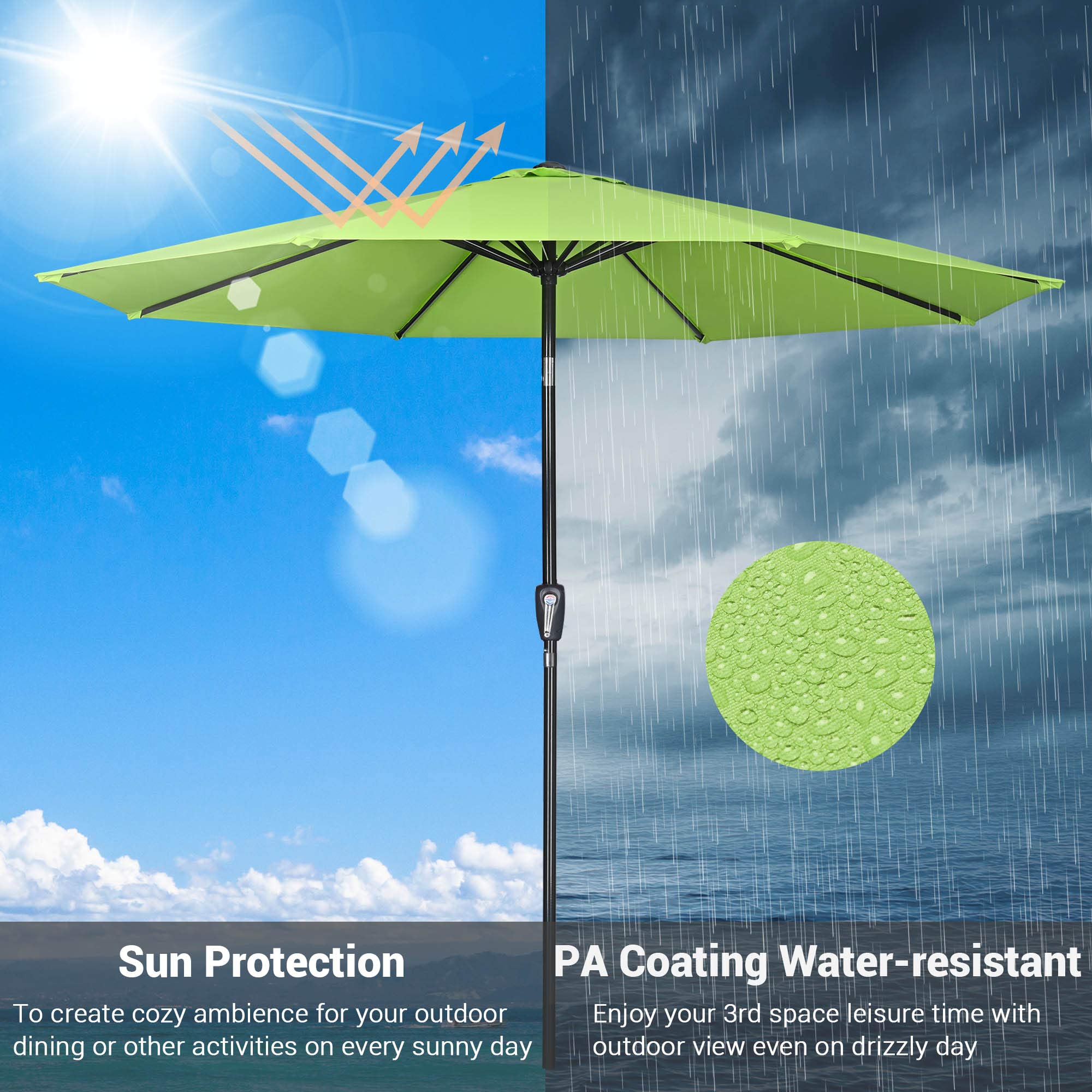Yescom 9FT UV50+ 3000PA Aluminum Patio Umbrella with Crank Tilt - Outdoor Sun Shade for Garden, Pool, Deck, Balcony, and Market - Durable Green Glow Umbrella for Picnics, BBQs, and Relaxing Outdoors
