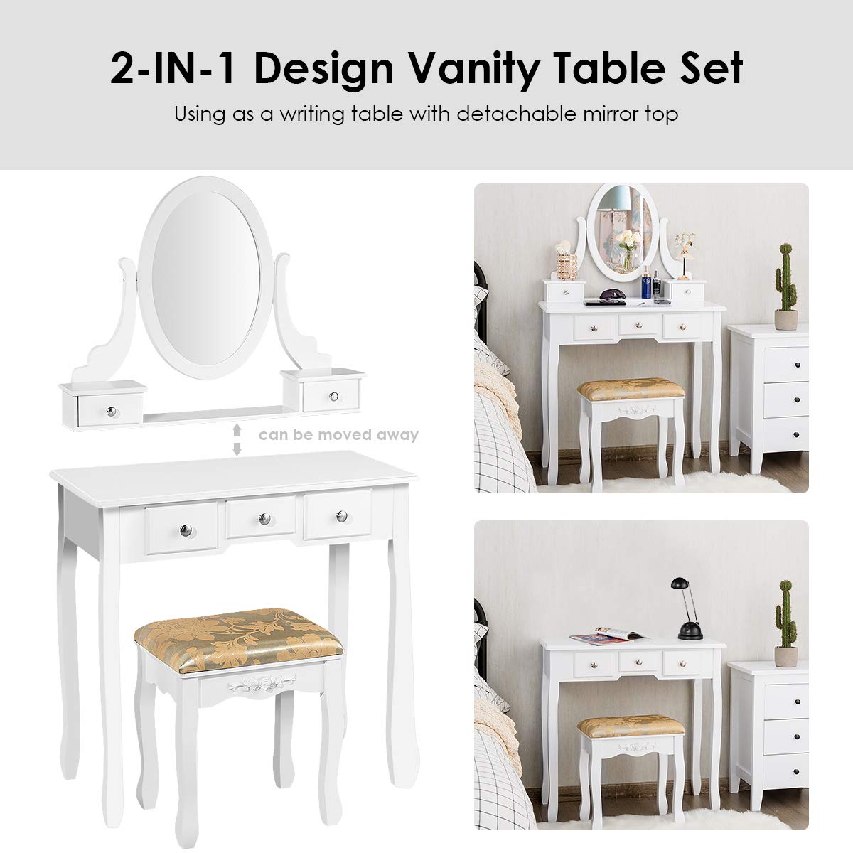 CHARMAID Vanity Table Set with Rotatable Oval Mirror & 5 Drawers - White Dressing Table with Cushioned Stool for Women & Girls | Perfect for Bedroom Makeup, Beauty Organization & Home Decor