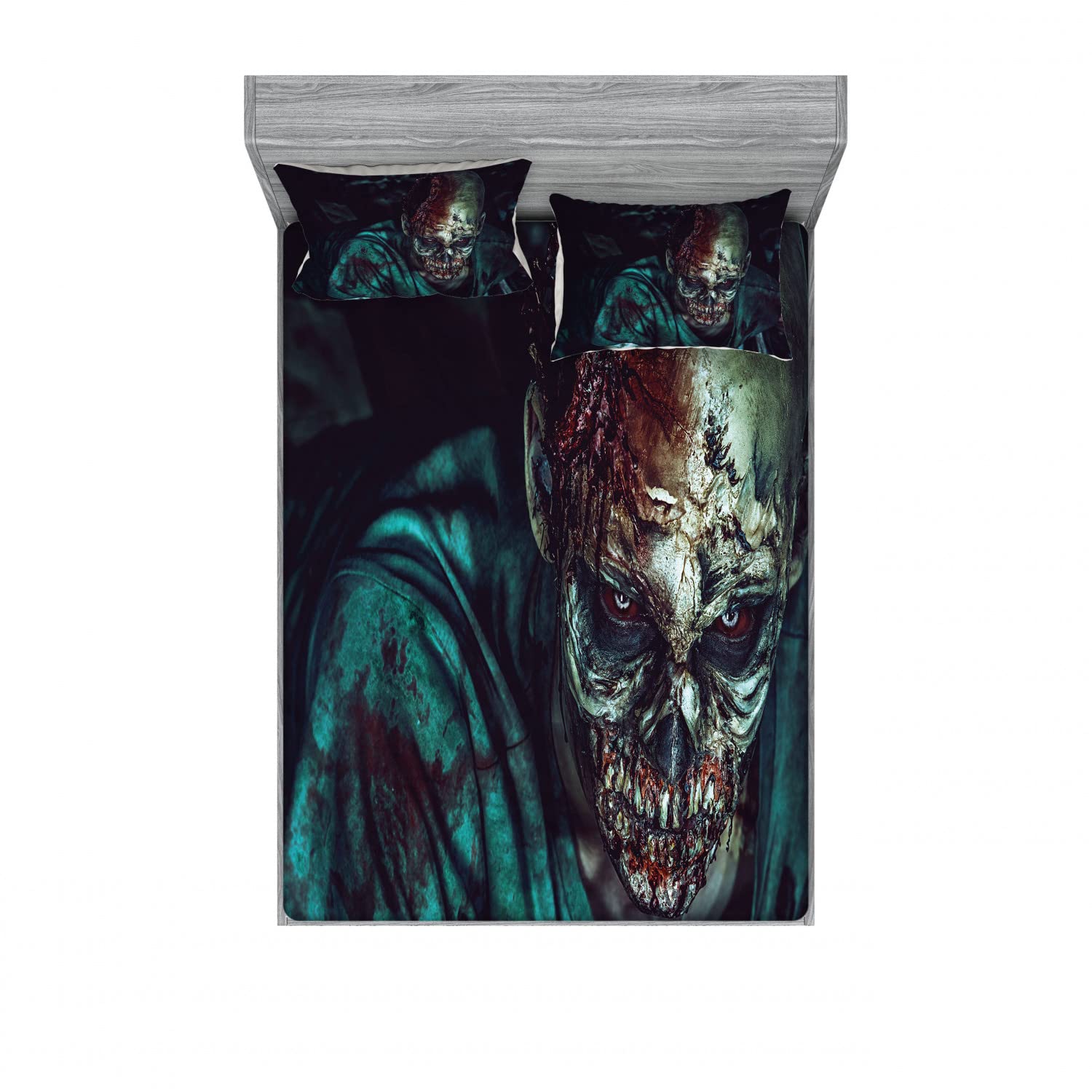 Ambesonne Zombie 2-Piece King Size Fitted Sheet Set with 4-Piece Pillow Sham - Horror Vampire Theme Bedding Collection for Halloween & Gothic Decor | Spooky Bedroom Accessories for Adults & Teens