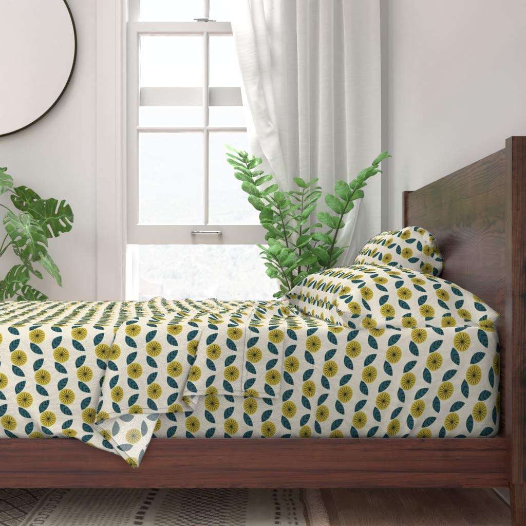 Mod Flowers Cream Mid Century Floral Geometric Print 100% Cotton Twin Sheet Set (3-Piece) - Modern Retro Gender Neutral Bedding for Baby Nursery, Guest Room & Boho Chic Home Decor