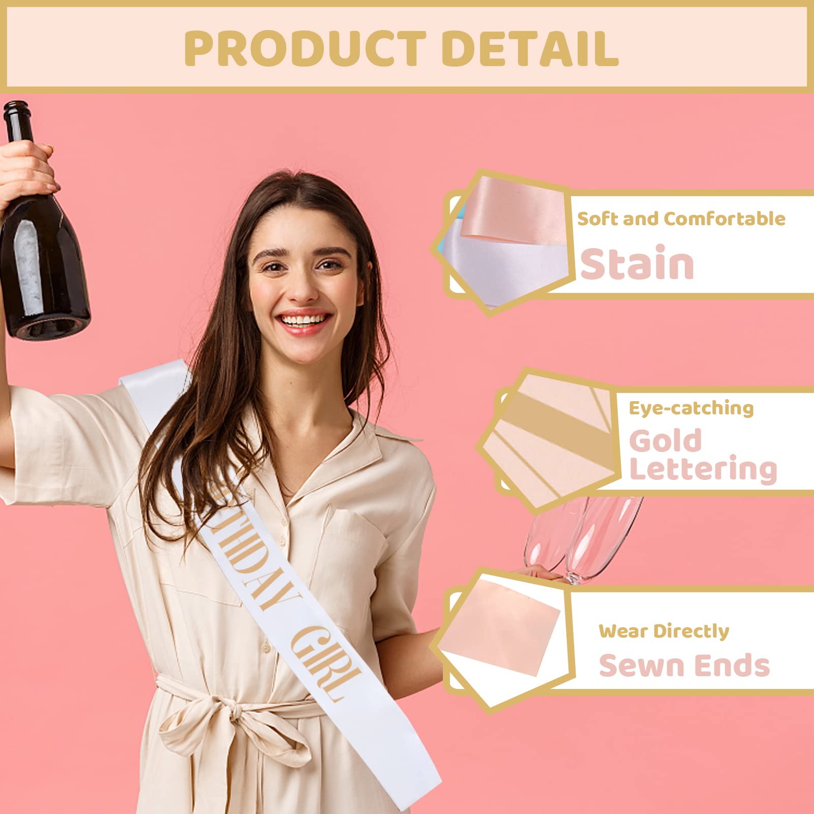 12Pcs Birthday Sashes for Women & Girls - 1 White & 11 Rose Gold Satin Party Sashes Set - Perfect for Birthday Party Decorations, Gifts & Favors - Great for Bachelorette Parties, Bridal Showers & Birthday Celebrations