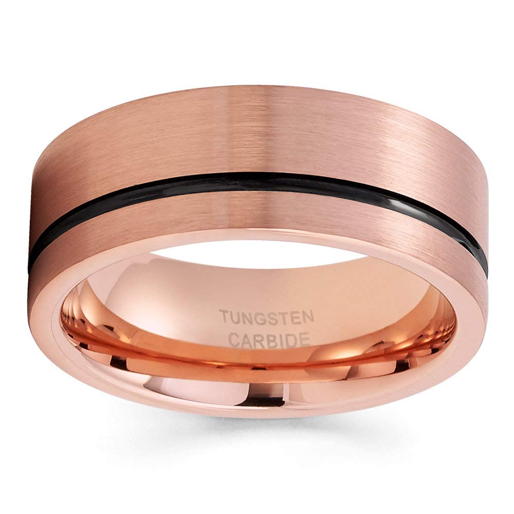 Rose Gold Tungsten Wedding Band - 18k Rose Gold Plated Tungsten Carbide Ring for Men & Women - Comfort Fit Anniversary & Engagement Ring with Offset Groove - Perfect for Weddings, Proposals & Special Occasions