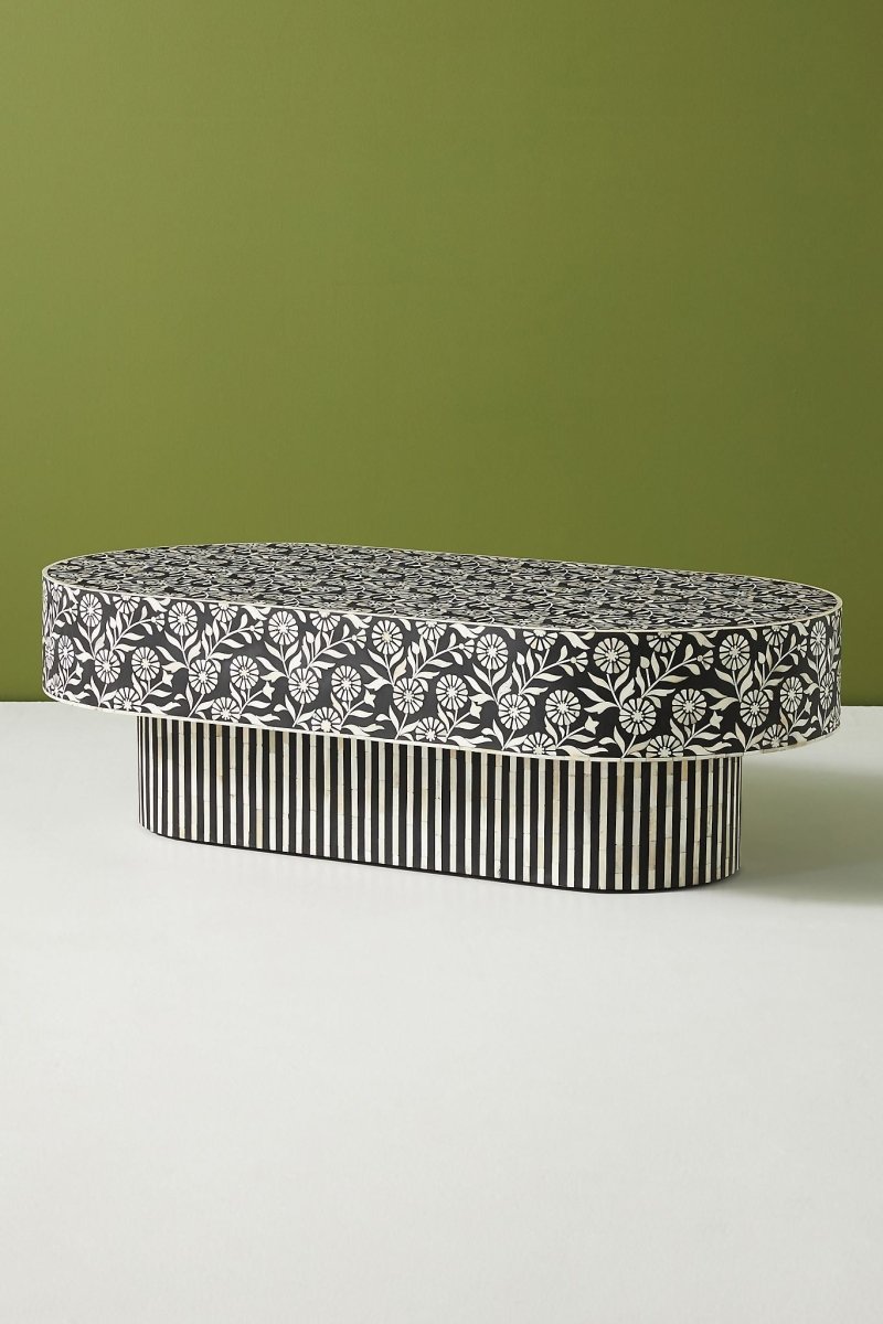 Handmade Bone Inlay Coffee Table - Black & White Floral Design Lalita Style - Perfect for Boho Living Room, Lounge Area & Home Decor