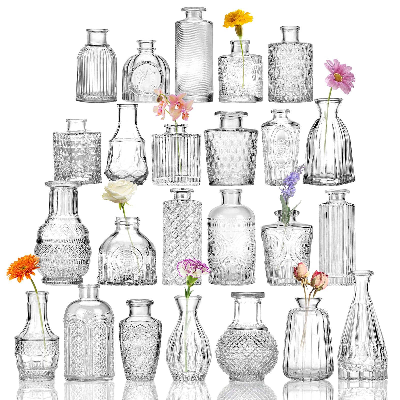 CUCUMI 24-Piece Clear Glass Bud Vase Set - Small Flower Vases for Wedding Centerpieces, Rustic Decor, Home Table Decorations - Perfect for Wedding Receptions, Bridal Showers, and Farmhouse Style Home Decor