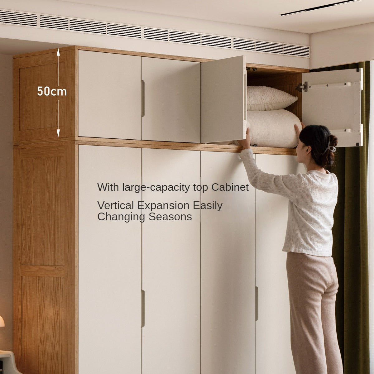Oak Solid Wood Log Cream Style Wardrobe - Rustic Bedroom & Living Room Storage Furniture for Home Organization