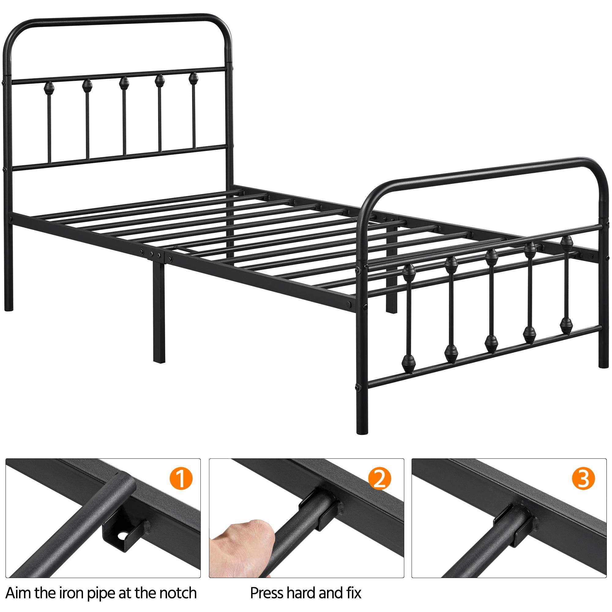 Topeakmart Twin Size Victorian Style Metal Bed Frame with Headboard - No Box Spring Needed, Sturdy Slat Support & Under Bed Storage - Perfect for Small Bedrooms, Guest Rooms & Dormitories (Black)