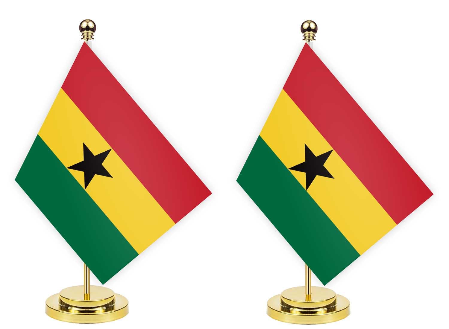 2PCS Ghana Desk Flag Set - 12 Inch Tall Small Ghanaian Indoor Banner with Tiny Printing - Perfect for Office, Home, and Table Decor (Ghana National Flag) - Great for World Cup, Independence Day & Cultural Events