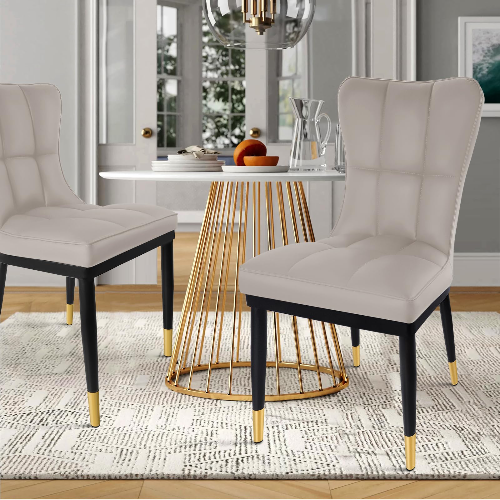 Luxury High-Back Faux Leather Dining Chairs Set of 2 - Modern Upholstered Accent Chairs with Deep Sponge Padding & Sturdy Metal Legs for Kitchen, Dining Room, Living Room, Bedroom - Light Grey - Perfect for Home Decor, Dinner Parties & Cozy Seating