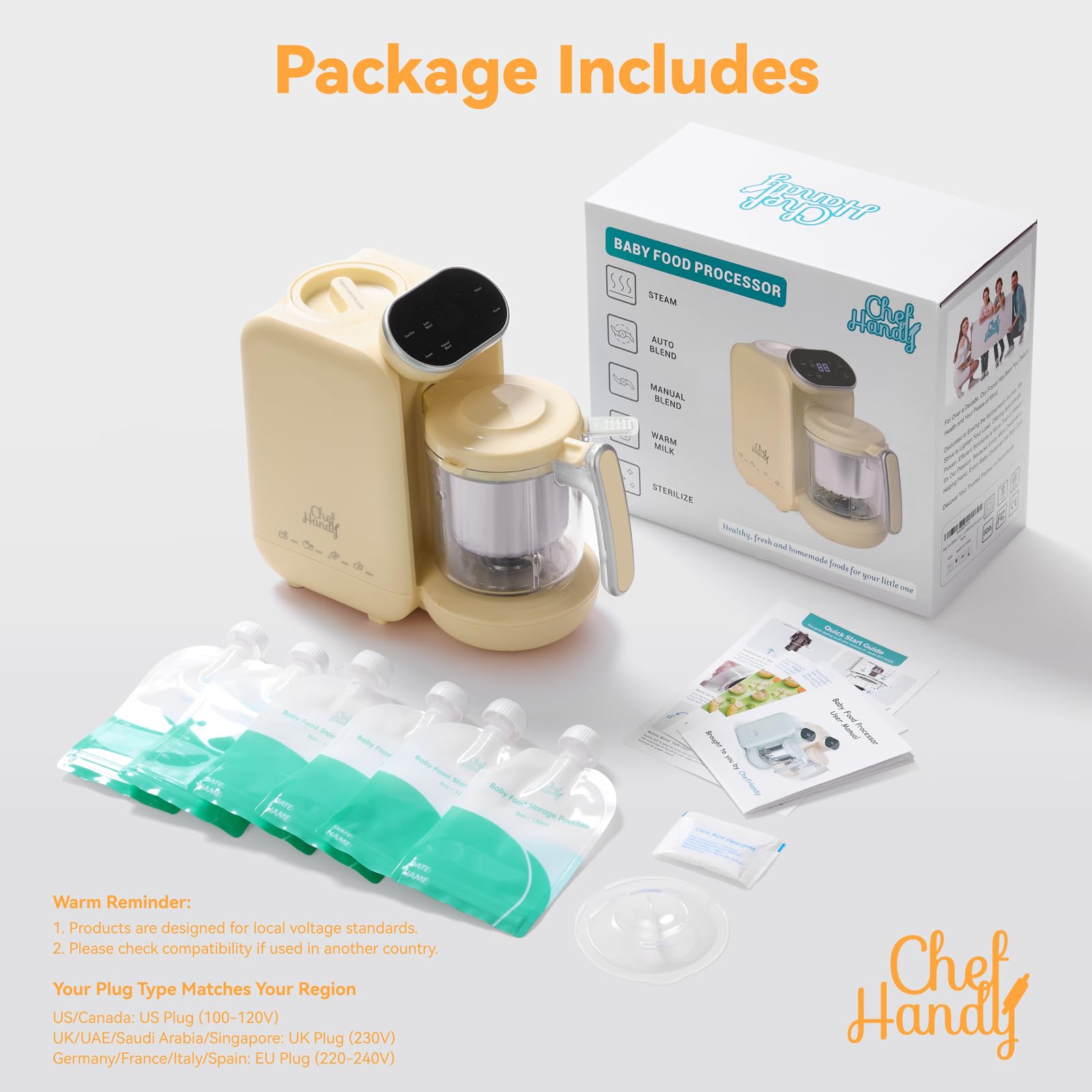 Chefhandy 5-in-1 Baby Food Maker & Bottle Warmer - Stainless Steel Steamer, Blender, Puree Maker with Auto Cooking & Touchscreen (Yellow) | Perfect for Homemade Baby Food Prep & Quick Bottle Warming
