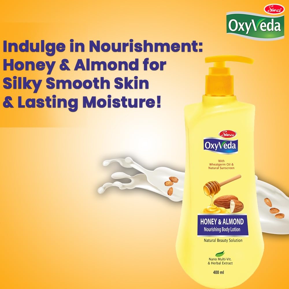 Simco Oxyveda Honey & Almond Nourishing Body Lotion 400ml - Hydrating Moisturizer with Natural Honey & Almond Oil for Smooth, Healthy Skin - Perfect for Daily Skincare Routine & Dry Skin Relief