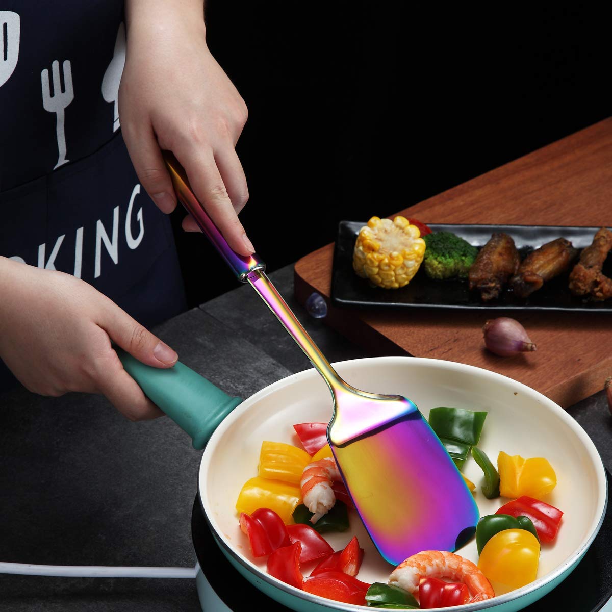 **Berglander Stainless Steel Rainbow Spatula - Titanium-Plated Solid Turner for Cooking, BBQ, Flipping Fish & Pancakes - Colorful Kitchen Utensil for Professional & Home Chefs**