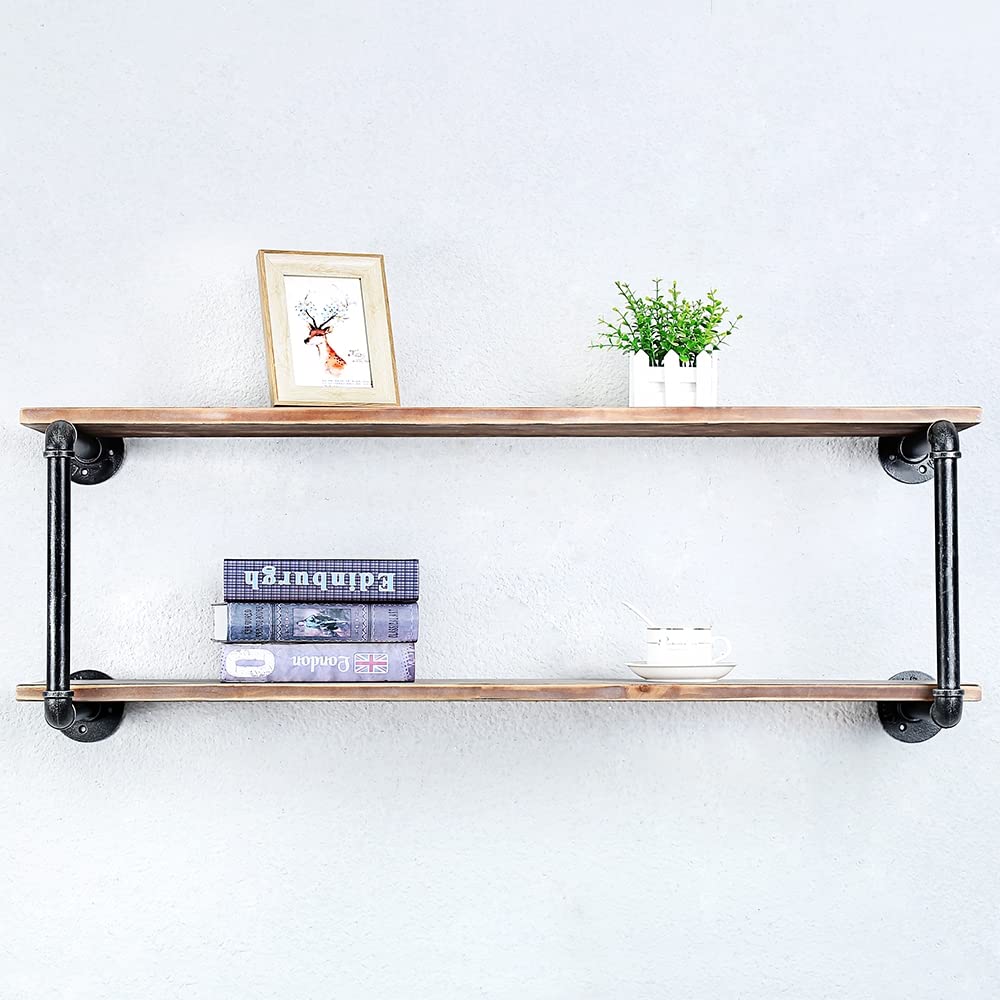 Industrial Pipe Floating Shelves for Wall - 42 Inch Rustic Wood and Metal Wall Mounted Shelving, 2 Tier Hanging Book Shelf - Perfect for Living Room, Bedroom, Office Storage and Display