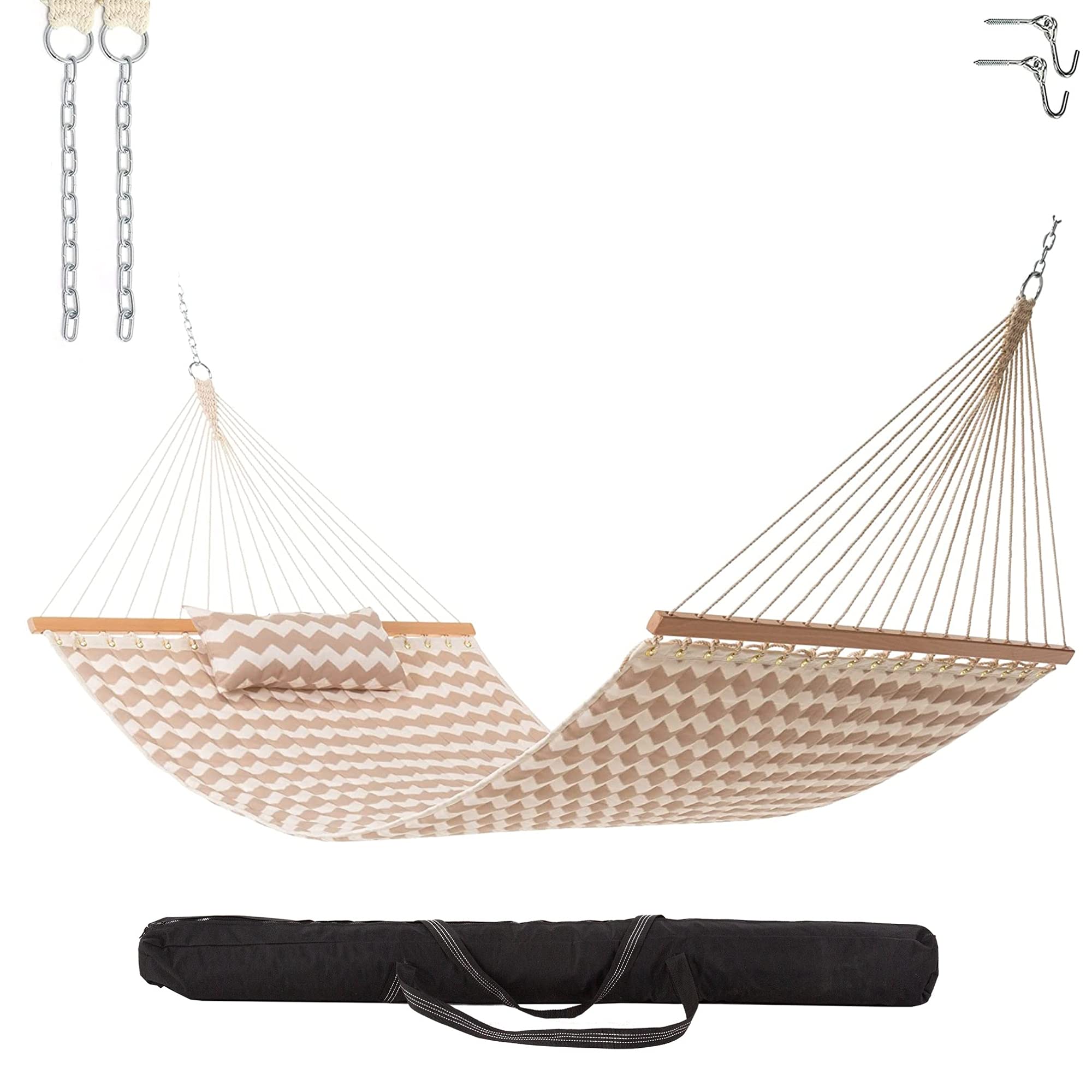Castaway Living Large 11.5 ft Beige Chevron Polyester Quilted Hammock with Pillow - Includes Storage Bag, Extension Chains & Tree Hooks - 350 lb Weight Capacity - Perfect for Backyard, Patio, Camping & Beach Relaxation