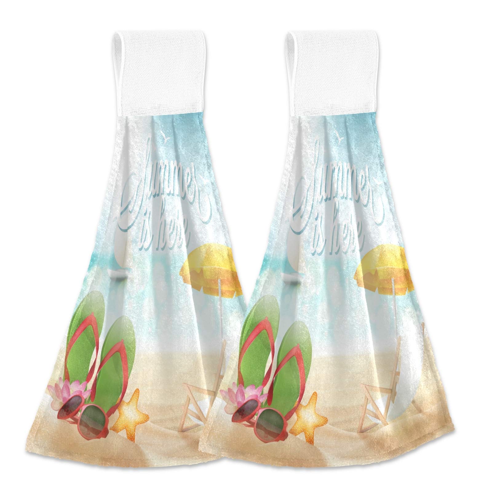 Boccsty Summer Beach Flip Flops & 2-Piece Hanging Hand Towels Set - Seashell Starfish Print Kitchen, Dish & Tea Towels for Bathroom, Farmhouse, Housewarming & Home Decor | Perfect for Beach Houses, Coastal Kitchens & Bathroom Accessories