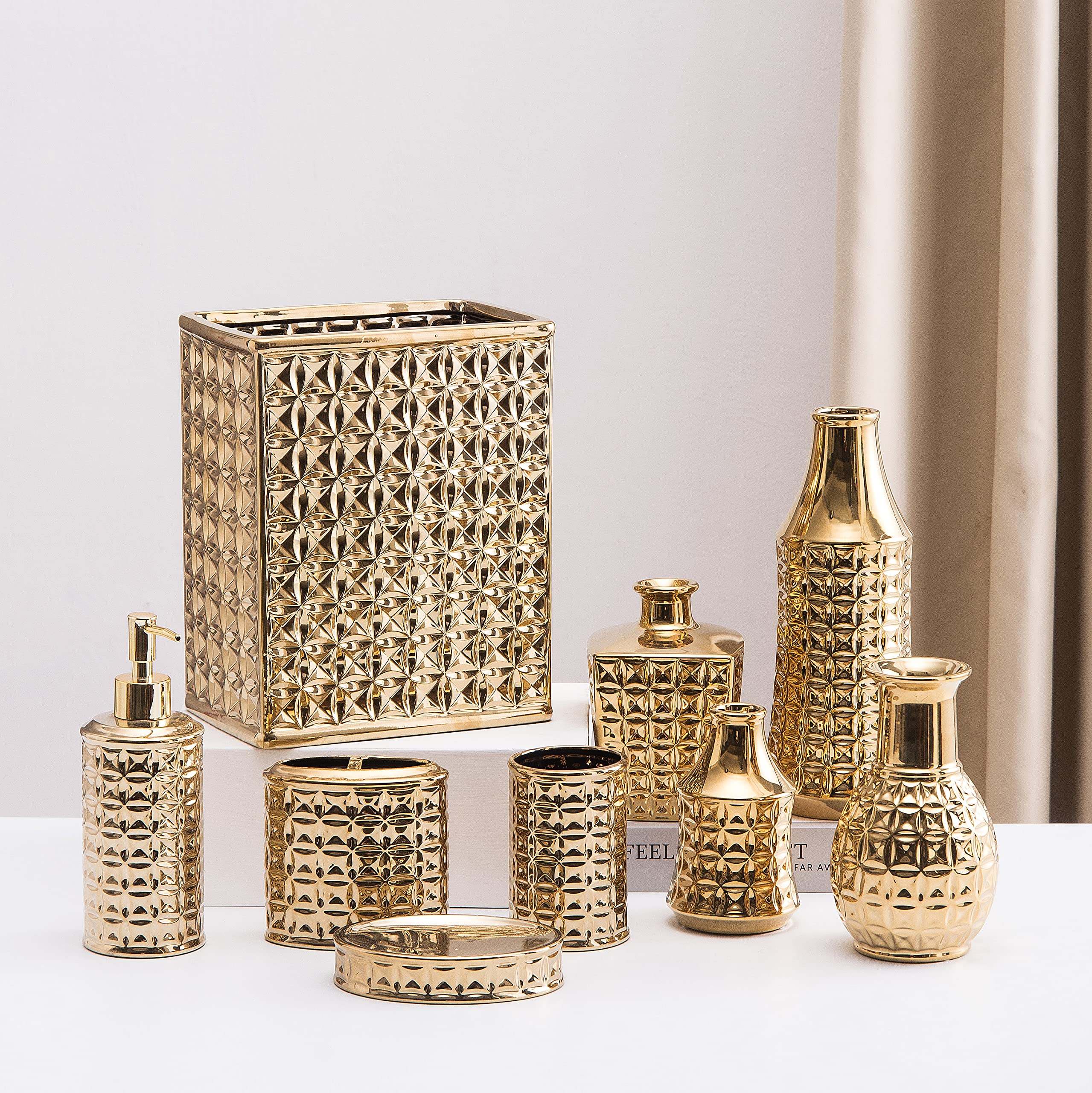 Small Rectangular Ceramic Trash Can - Gold Bathroom & Kitchen Waste Bin for Home & Office | Space-Saving Slim Design for Tight Spaces