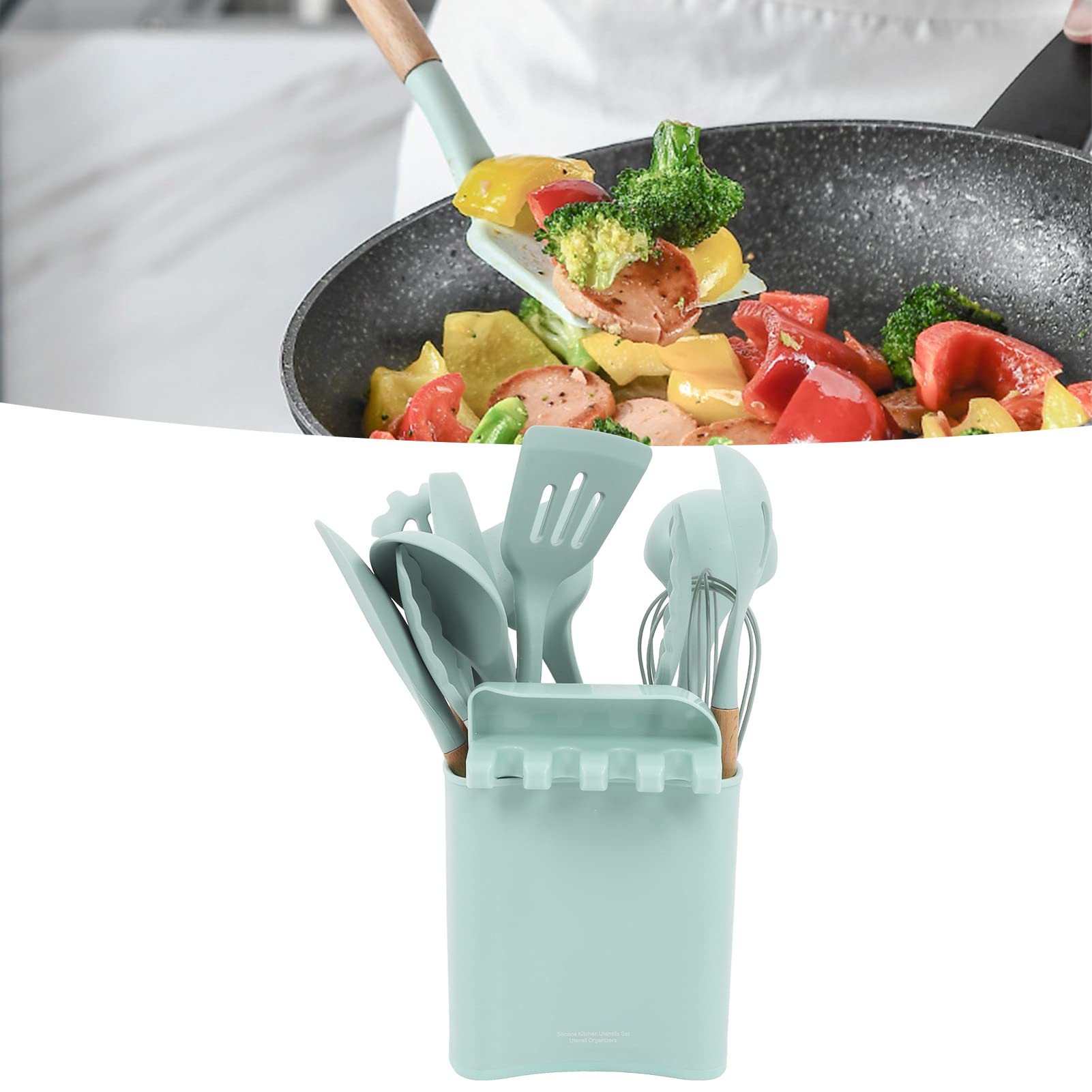 13-Piece Silicone Cooking Utensil Set with Wooden Handles & Holder - Safe for Nonstick Cookware, Heat Resistant Kitchen Tools for Baking, Frying & Everyday Cooking