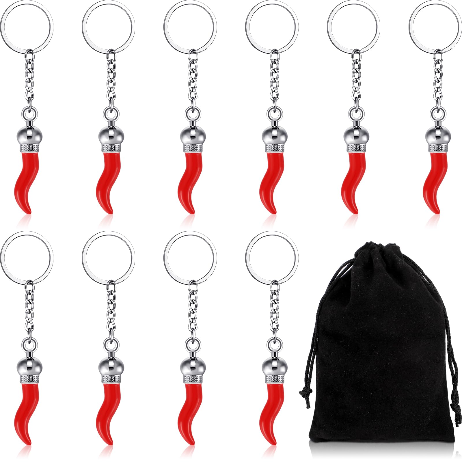 Remuuly 10 Pcs Italian Horn Keychain - Lucky Red Horn & Chili Pepper Charm Keyring for Car, Purse, Backpack - Perfect Italian Souvenir Gift for Home Decor & Travel Accessories