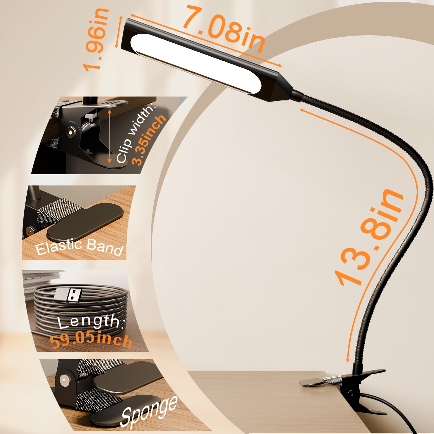 LED Clip On Desk Lamp - 3 Color Modes & 14 Brightness Levels, Dimmable Adjustable Gooseneck Reading Light with Metal Clip, 360° Rotation for Home Office Study | Perfect for Reading, Studying, Working & Nightstand Use (Black)