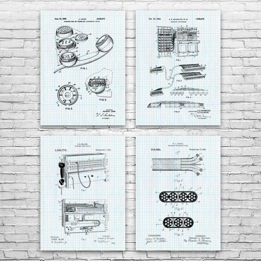 Vintage Telephone Patent Posters Set of 4 - Network Engineer & Lineman Gifts - Phone Blueprint Wall Art - Telecom Technician Present - 18x24 Inch Graph Paper Decor for Office, Man Cave, or Tech Enthusiast Room